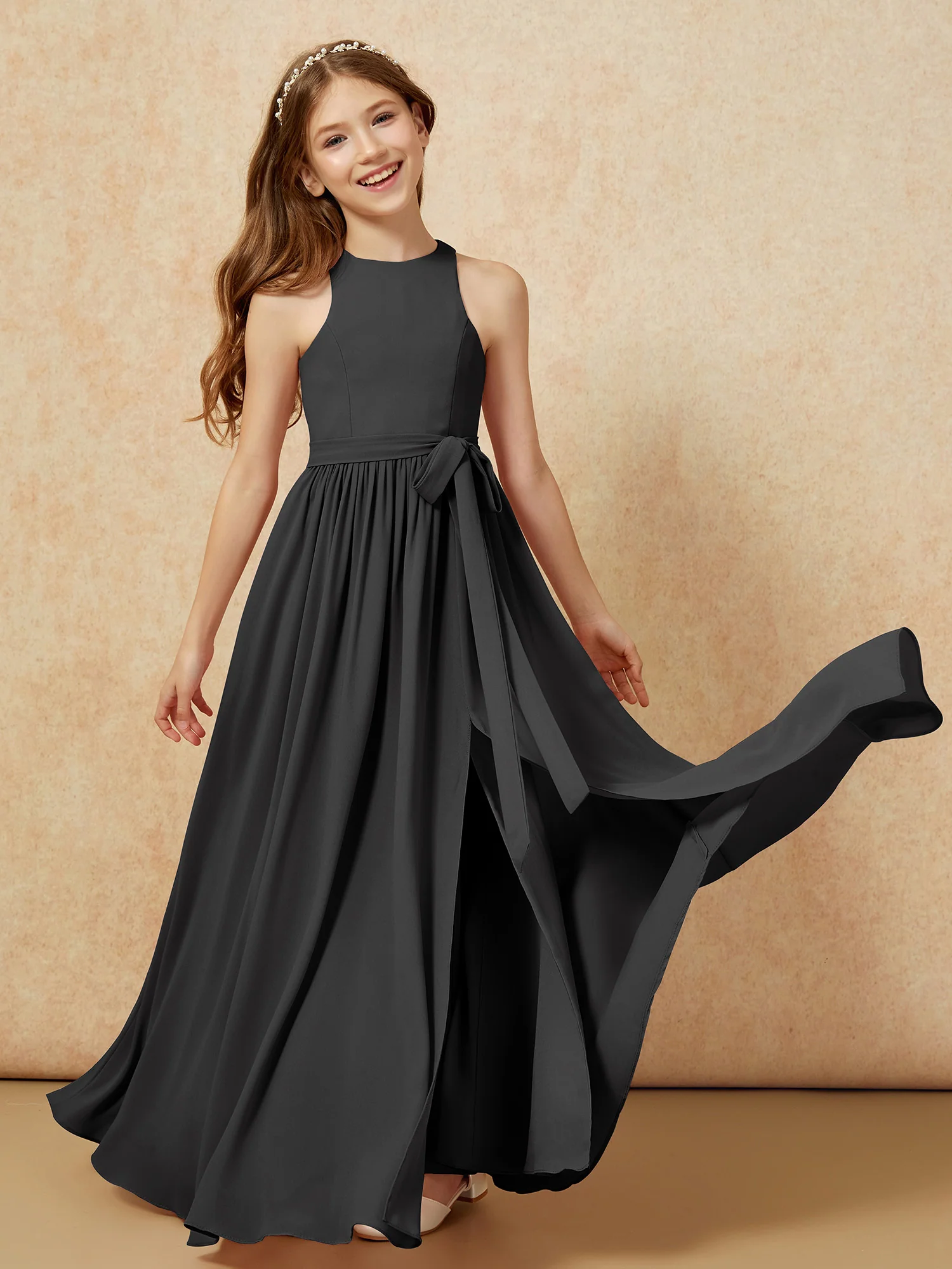 Simple sleeveless chiffon Junior Bridesmaid Dress Black - Image 10