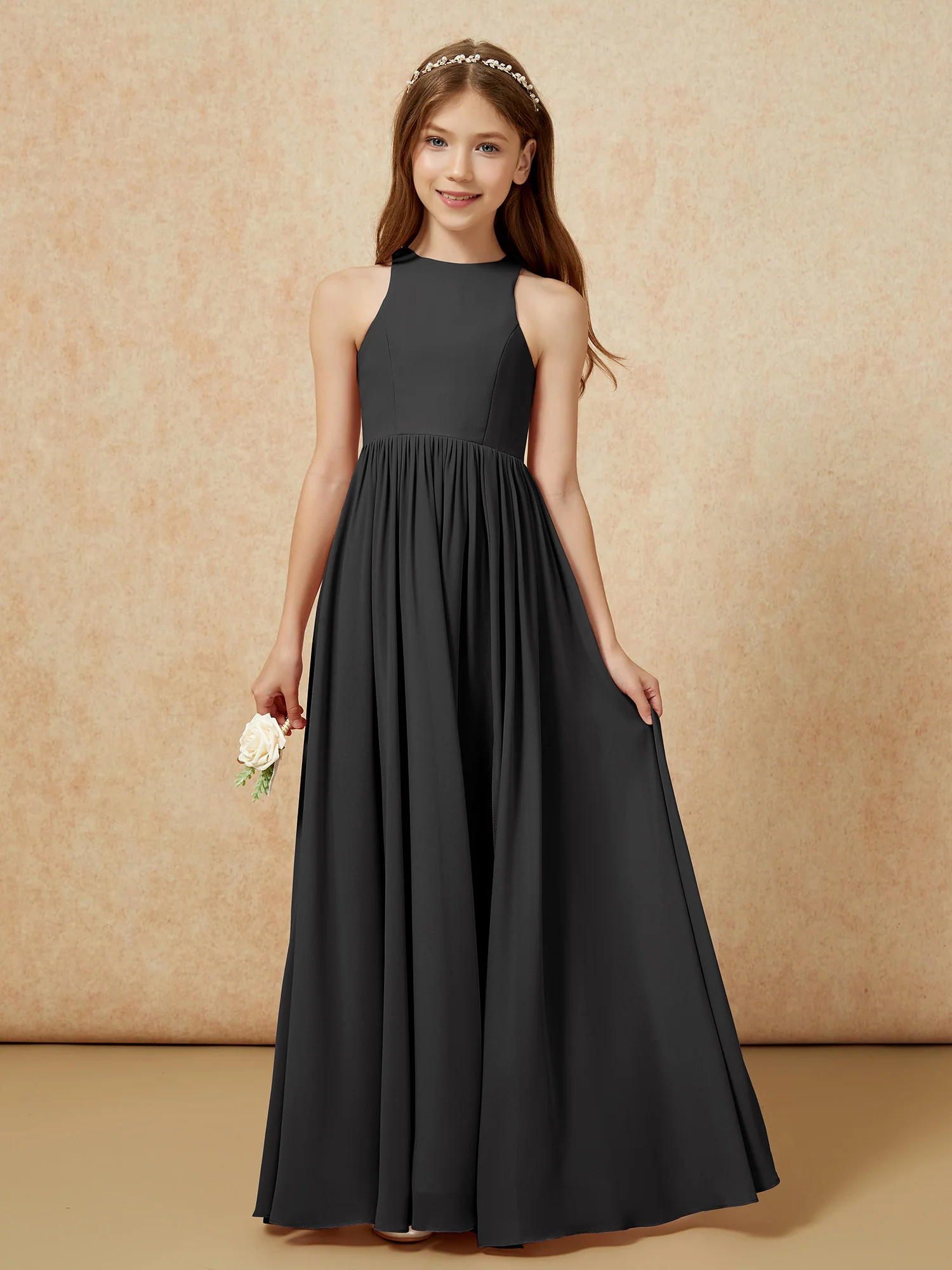 Simple sleeveless chiffon Junior Bridesmaid Dress Black - Image 4
