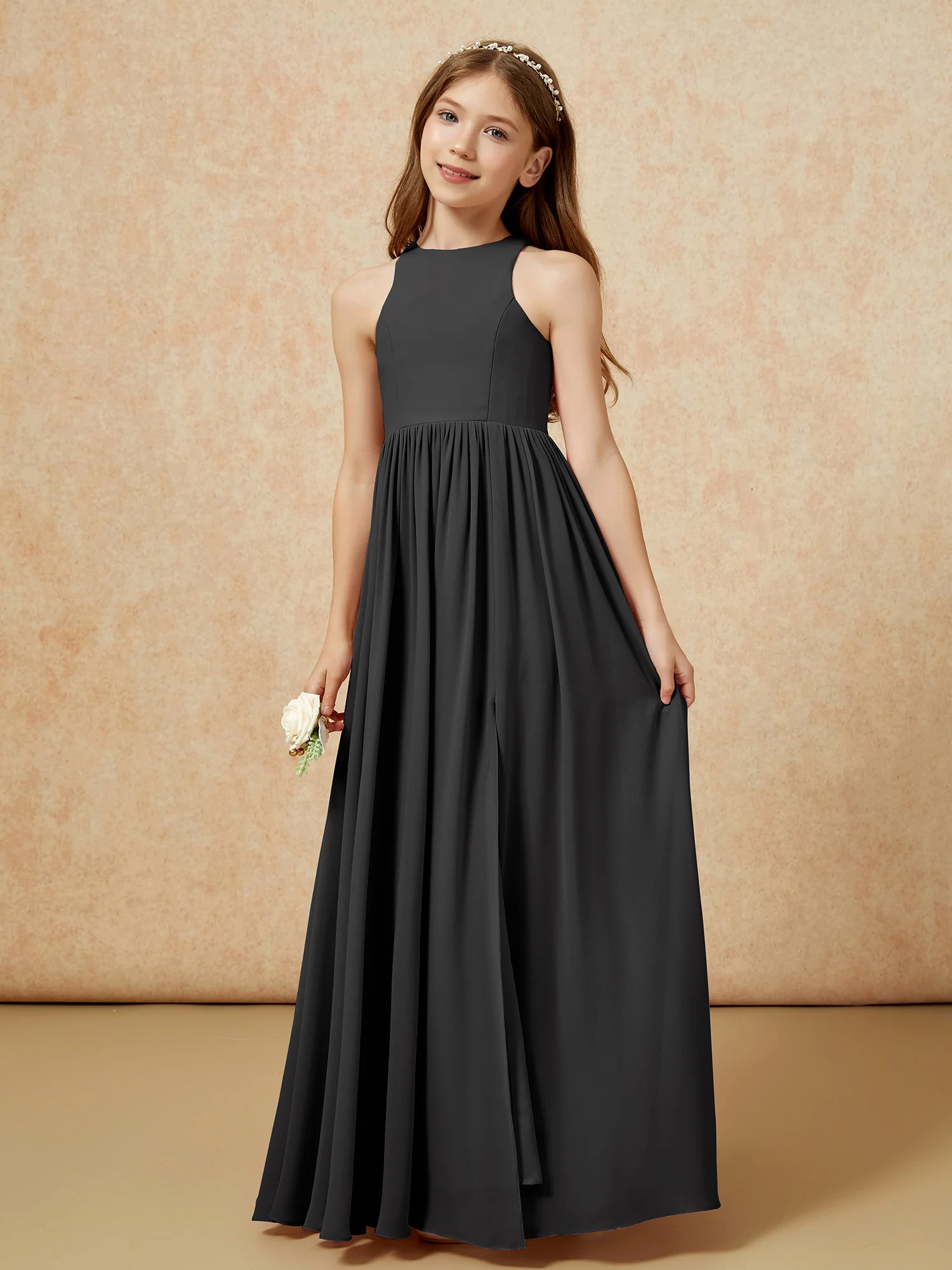 Simple sleeveless chiffon Junior Bridesmaid Dress Black - Image 6