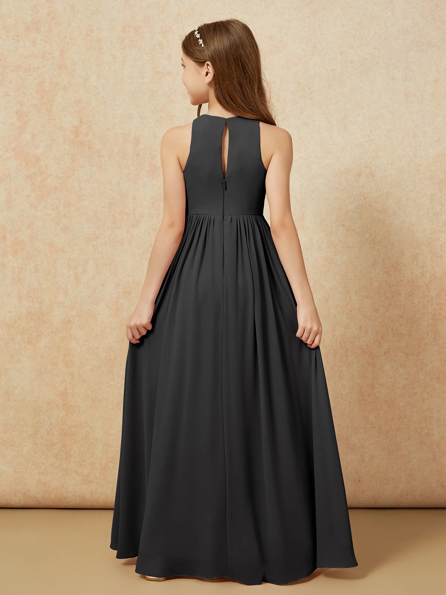 Simple sleeveless chiffon Junior Bridesmaid Dress Black - Image 7