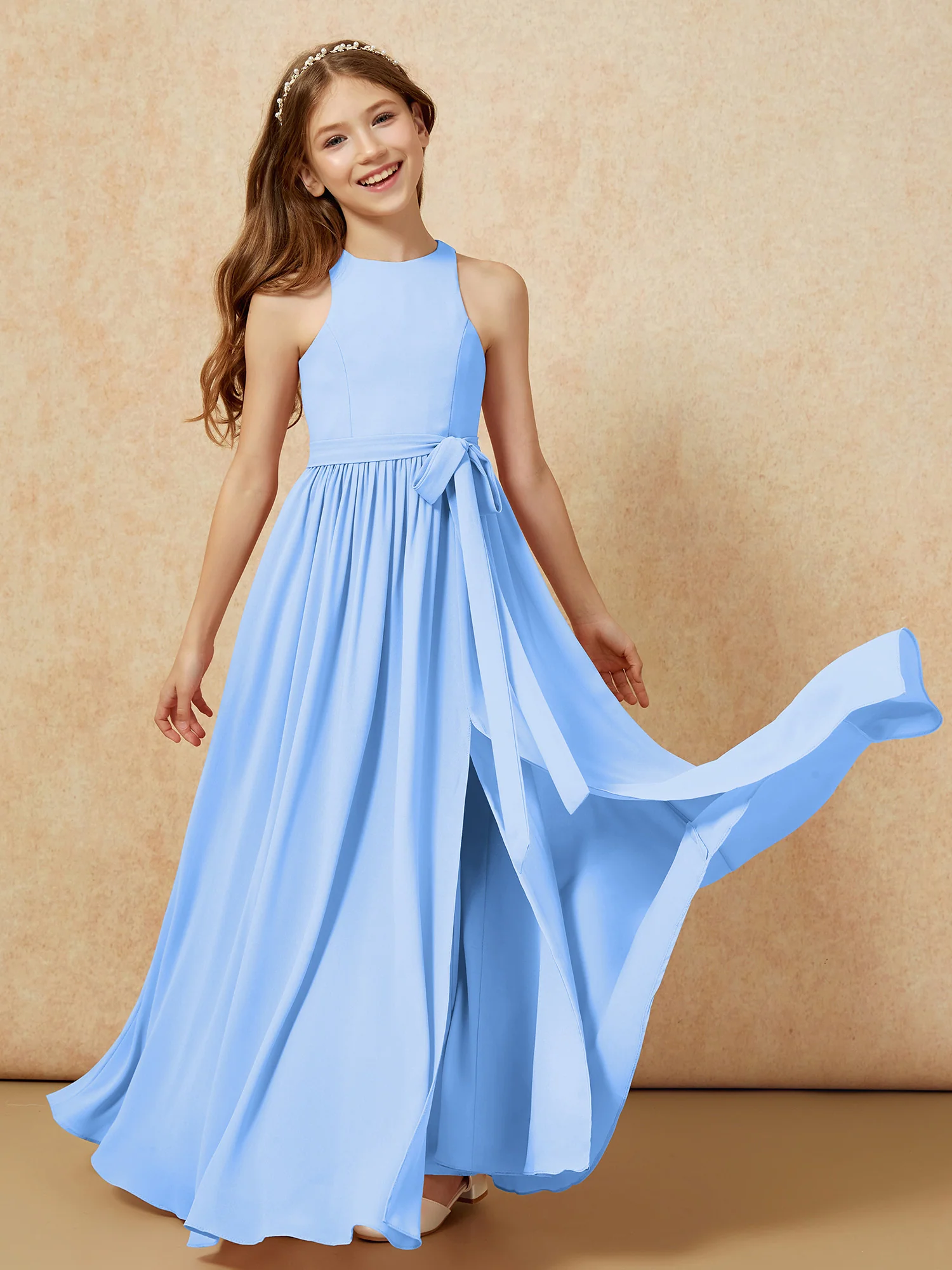 Simple sleeveless chiffon Junior Bridesmaid Dress Blue - Image 10