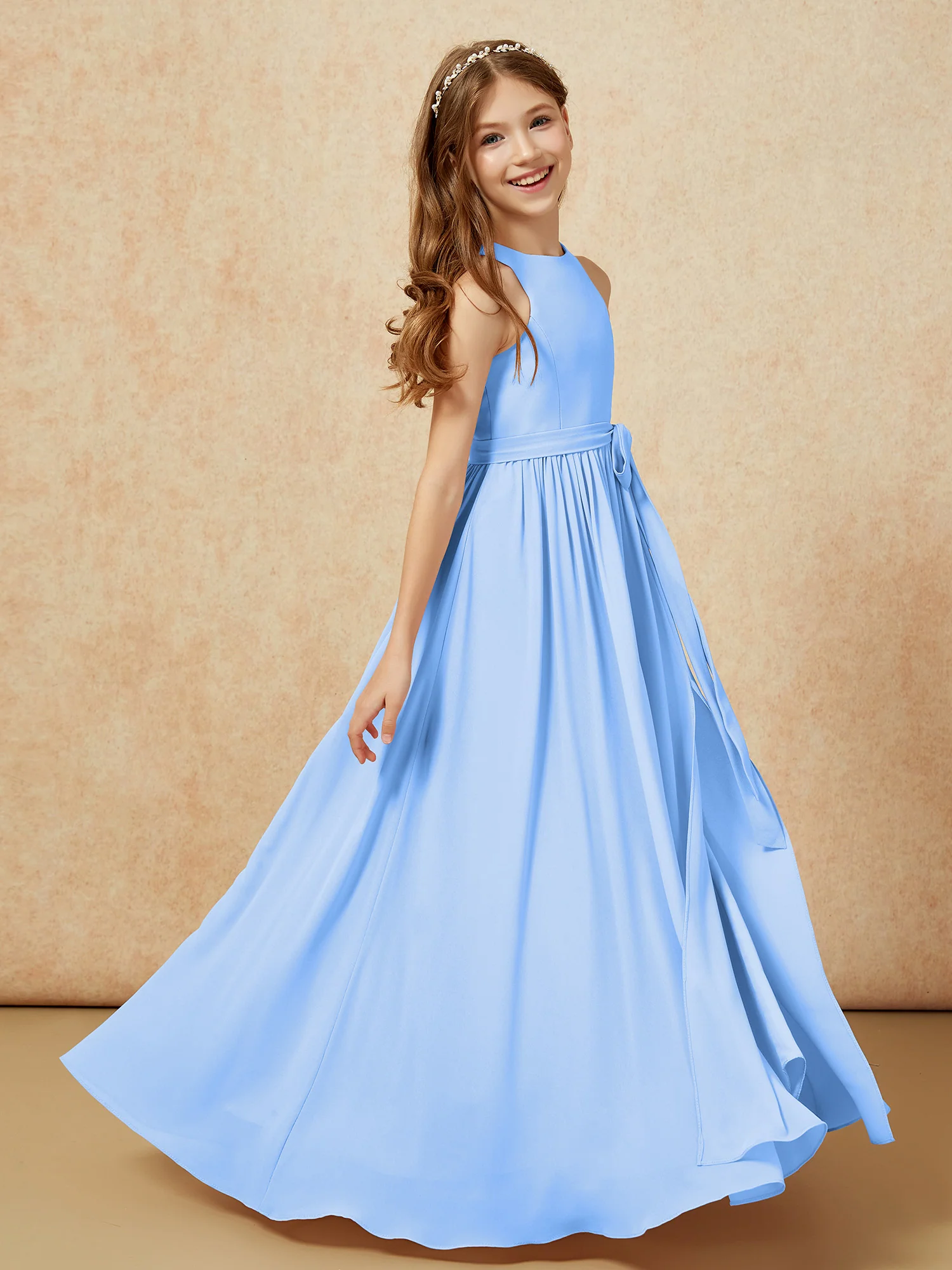 Simple sleeveless chiffon Junior Bridesmaid Dress Blue - Image 5