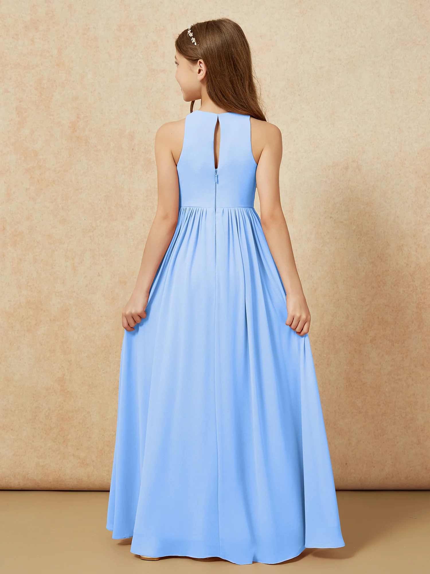 Simple sleeveless chiffon Junior Bridesmaid Dress Blue - Image 7