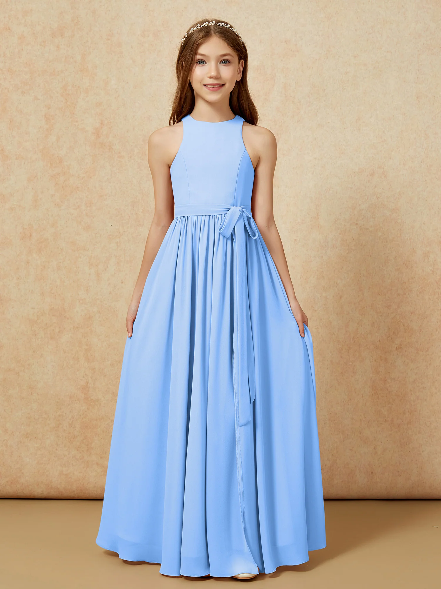 Simple sleeveless chiffon Junior Bridesmaid Dress Blue - Image 8