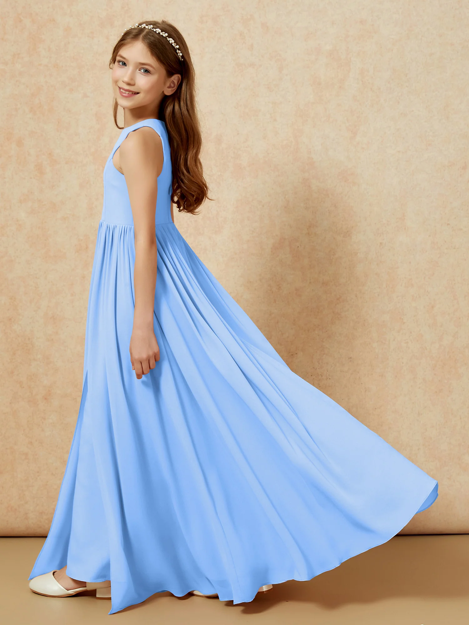 Simple sleeveless chiffon Junior Bridesmaid Dress Blue - Image 9