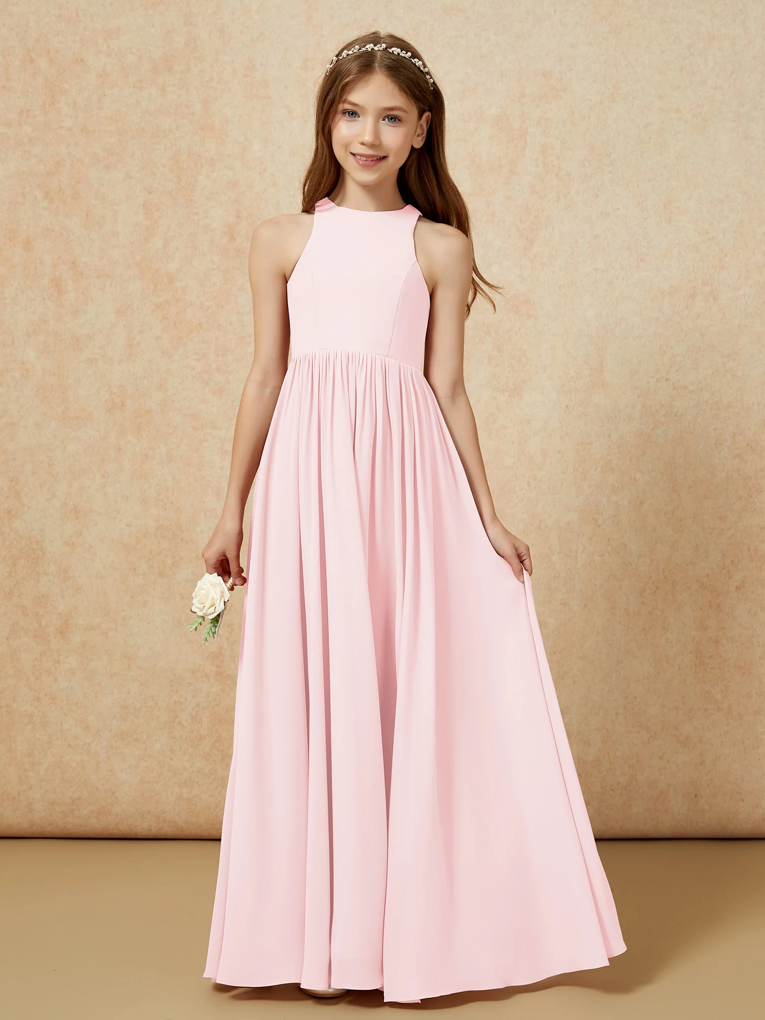 Simple sleeveless chiffon Junior Bridesmaid Dress Blushing Pink - Image 4