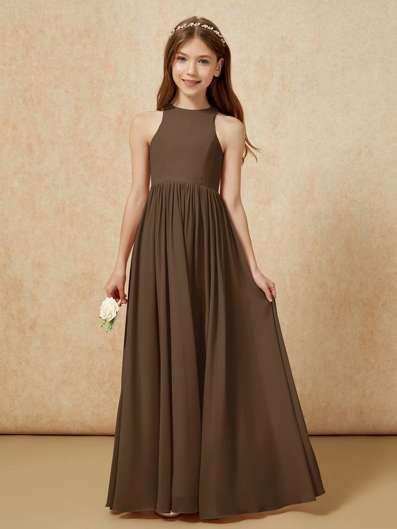 Simple sleeveless chiffon Junior Bridesmaid Dress Brown - Image 4