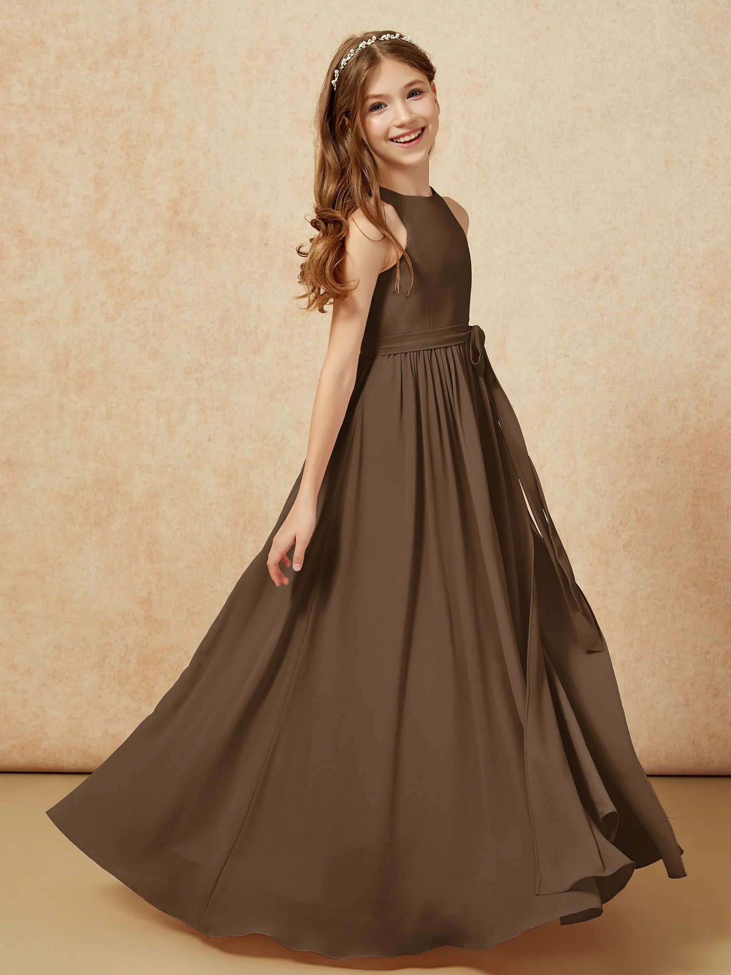 Simple sleeveless chiffon Junior Bridesmaid Dress Brown - Image 5