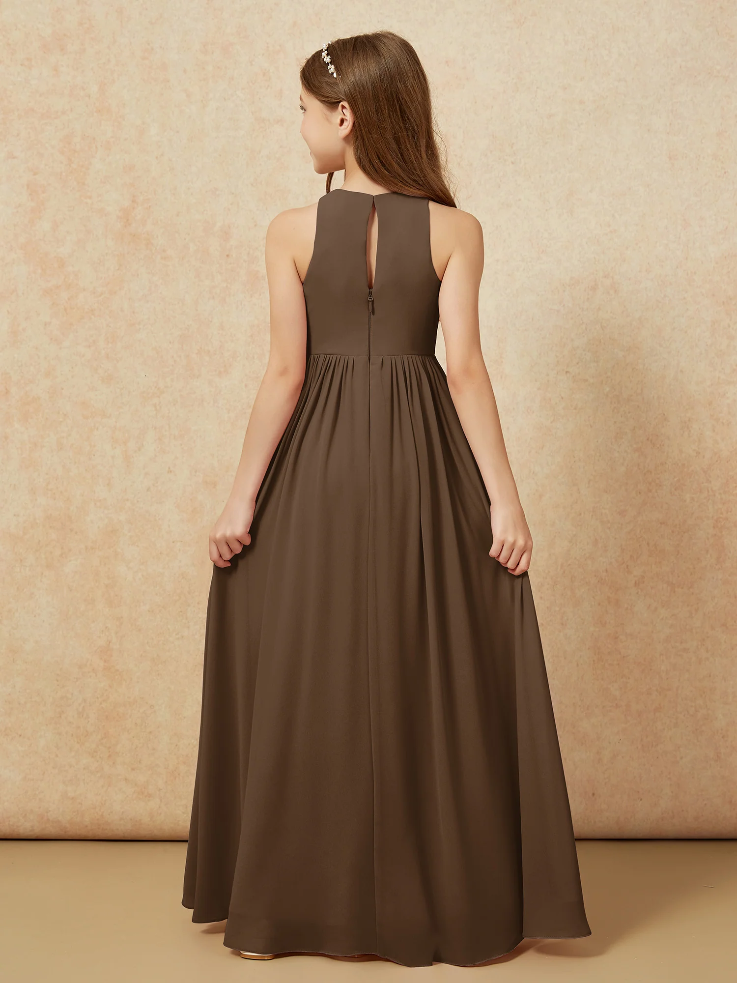 Simple sleeveless chiffon Junior Bridesmaid Dress Brown - Image 7