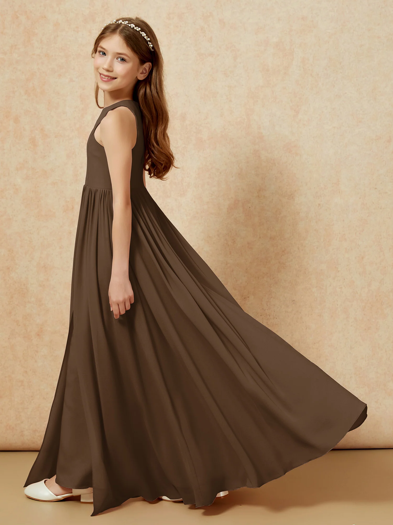 Simple sleeveless chiffon Junior Bridesmaid Dress Brown - Image 9