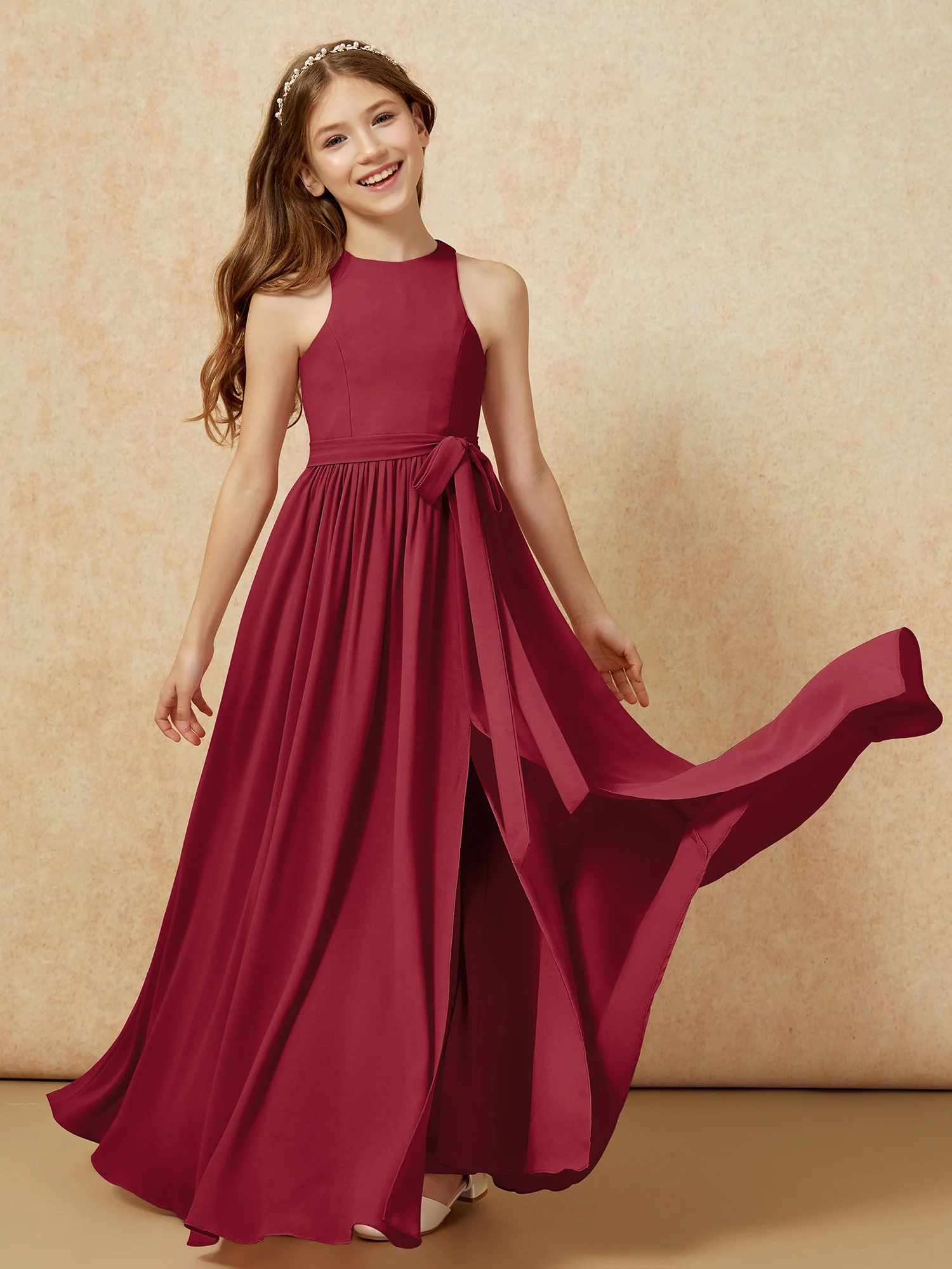 Simple sleeveless chiffon Junior Bridesmaid Dress Burgundy - Image 10