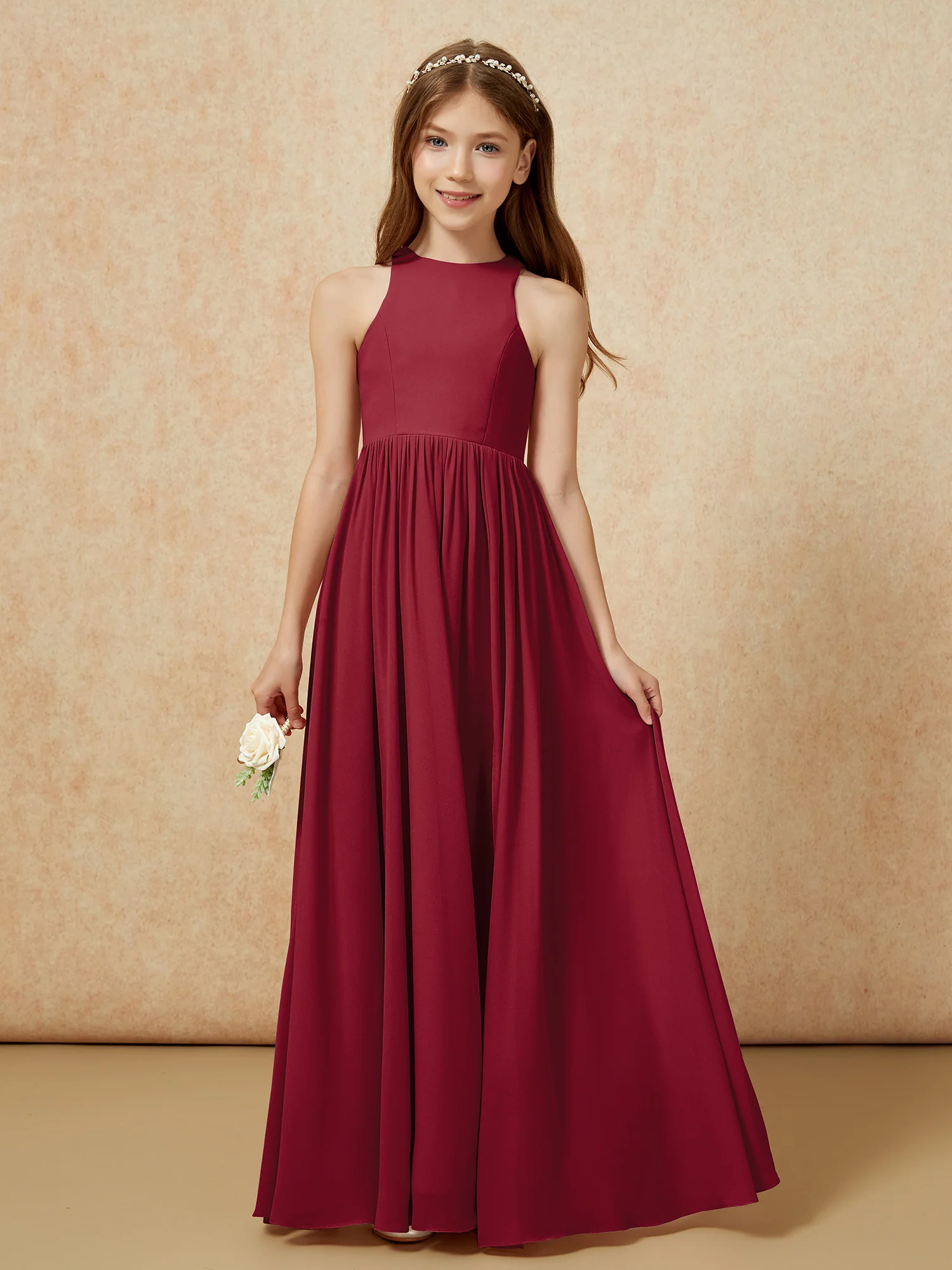 Simple sleeveless chiffon Junior Bridesmaid Dress Burgundy - Image 4