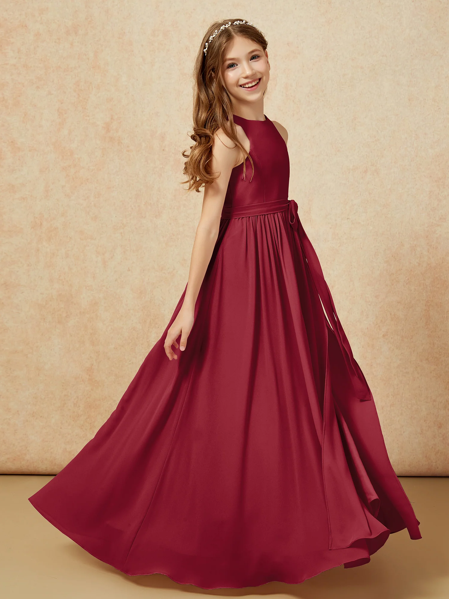 Simple sleeveless chiffon Junior Bridesmaid Dress Burgundy - Image 5
