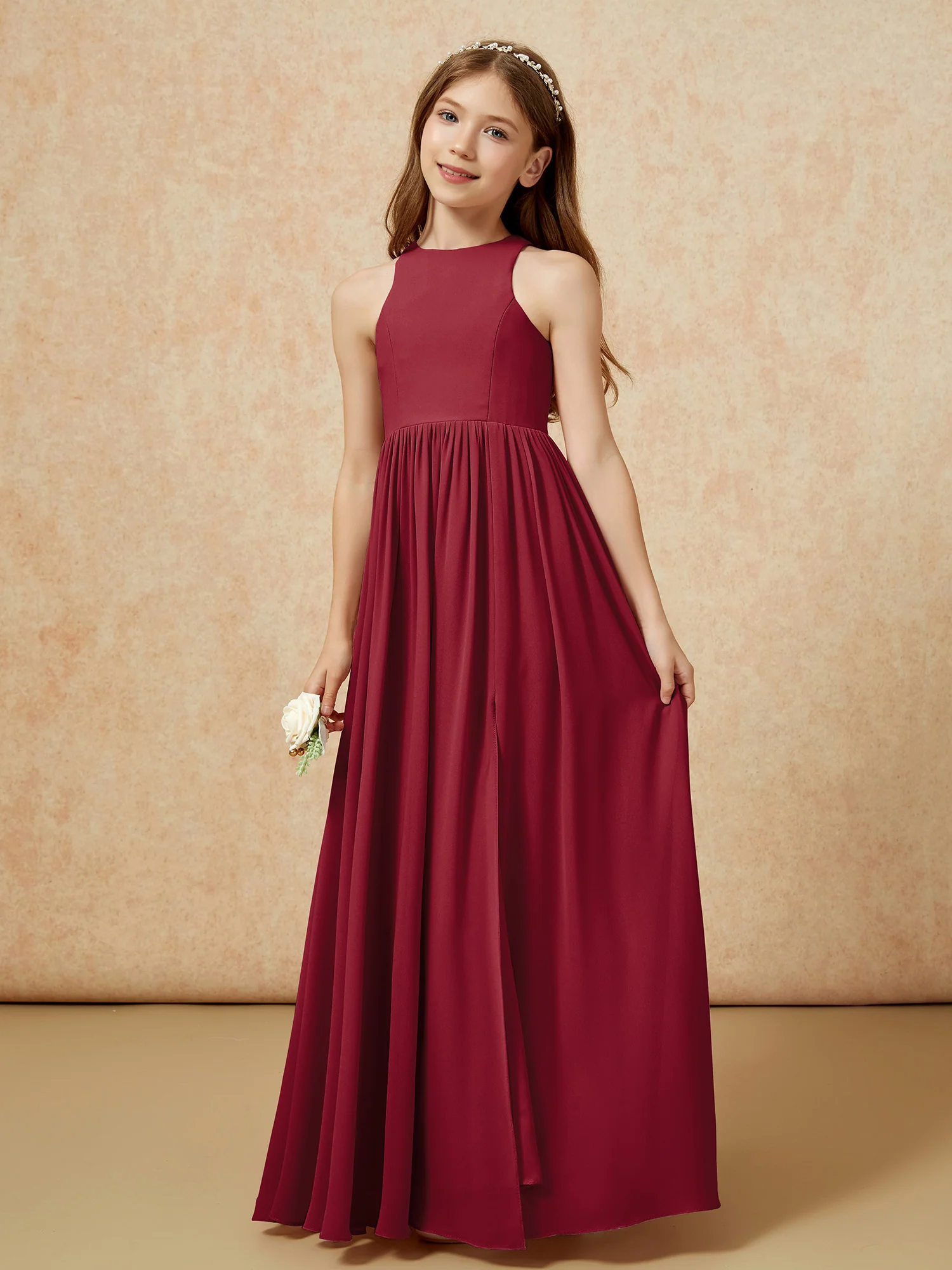 Simple sleeveless chiffon Junior Bridesmaid Dress Burgundy - Image 6