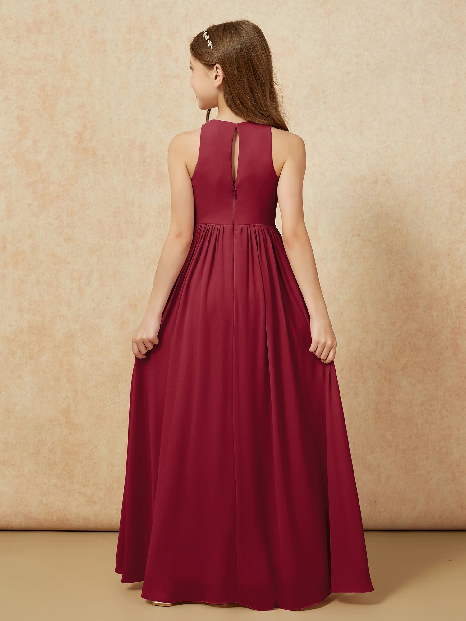 Simple sleeveless chiffon Junior Bridesmaid Dress Burgundy - Image 7