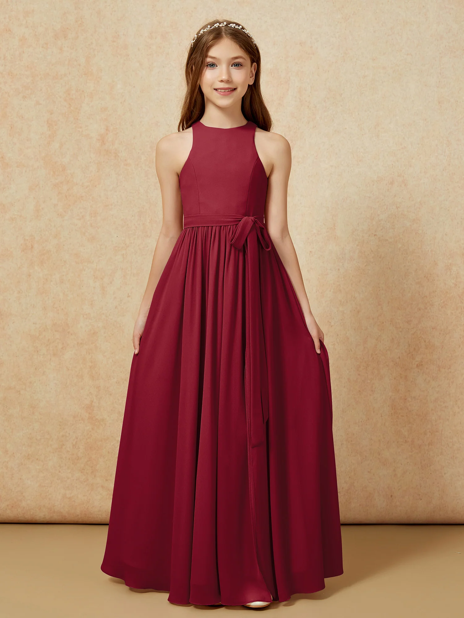 Simple sleeveless chiffon Junior Bridesmaid Dress Burgundy - Image 8