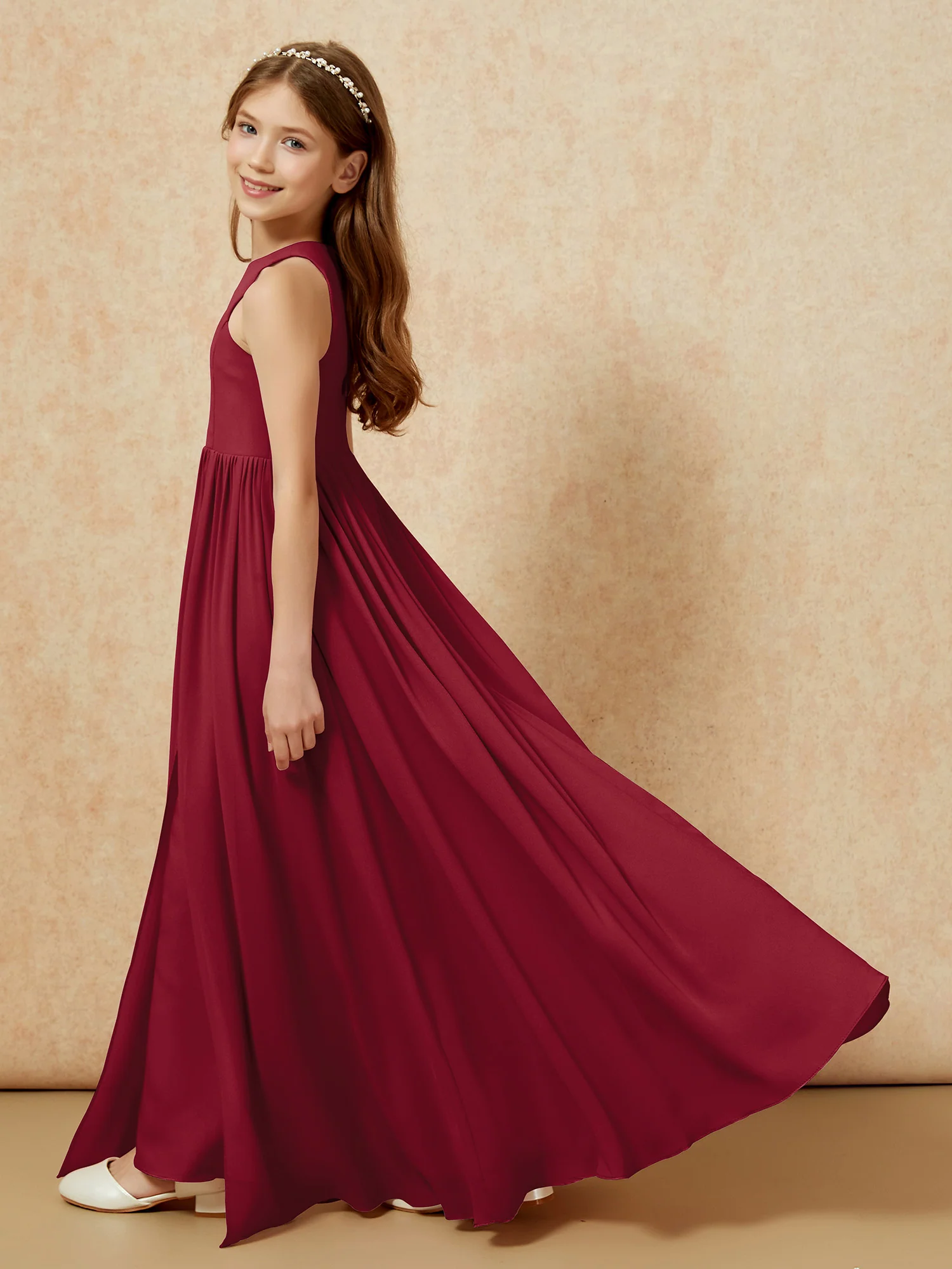Simple sleeveless chiffon Junior Bridesmaid Dress Burgundy - Image 9