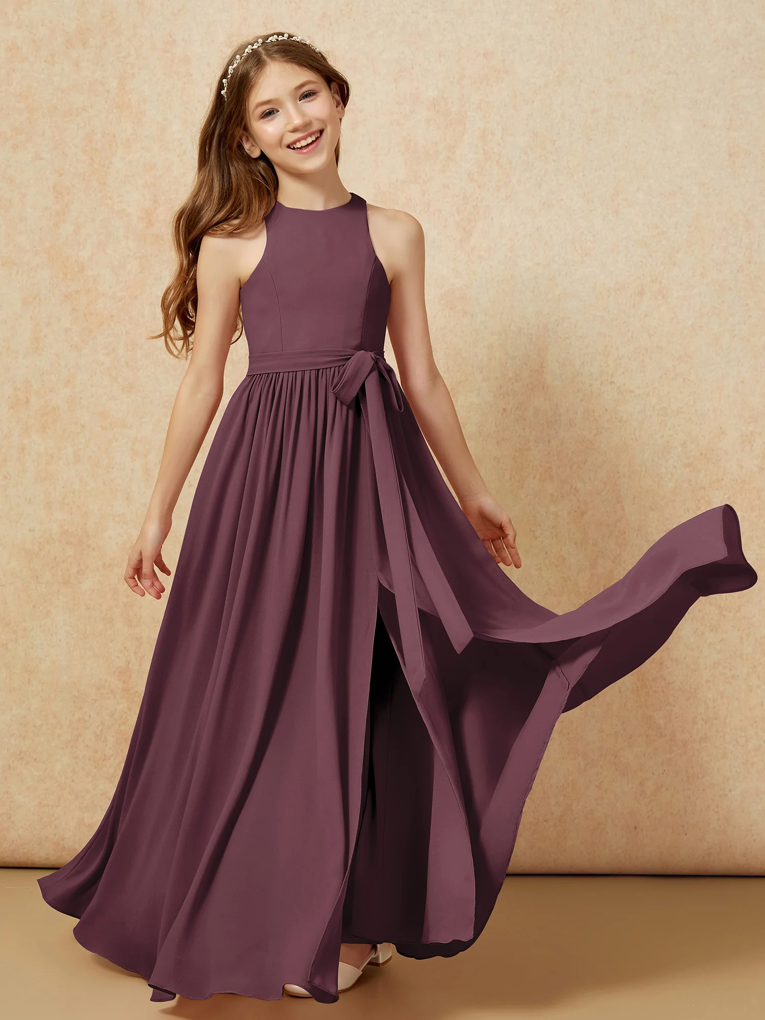 Simple sleeveless chiffon Junior Bridesmaid Dress Cabernet - Image 10