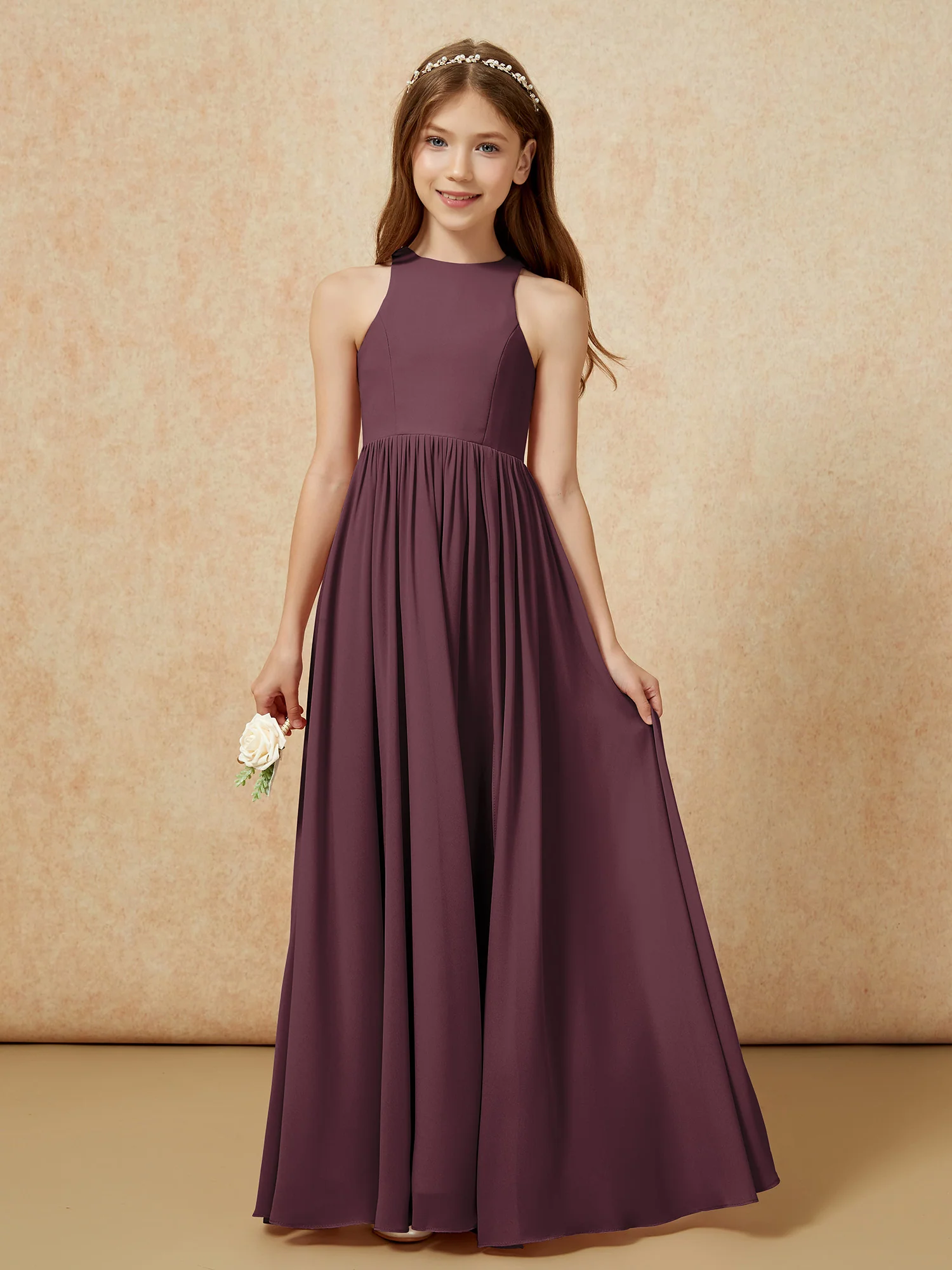 Simple sleeveless chiffon Junior Bridesmaid Dress Cabernet - Image 4