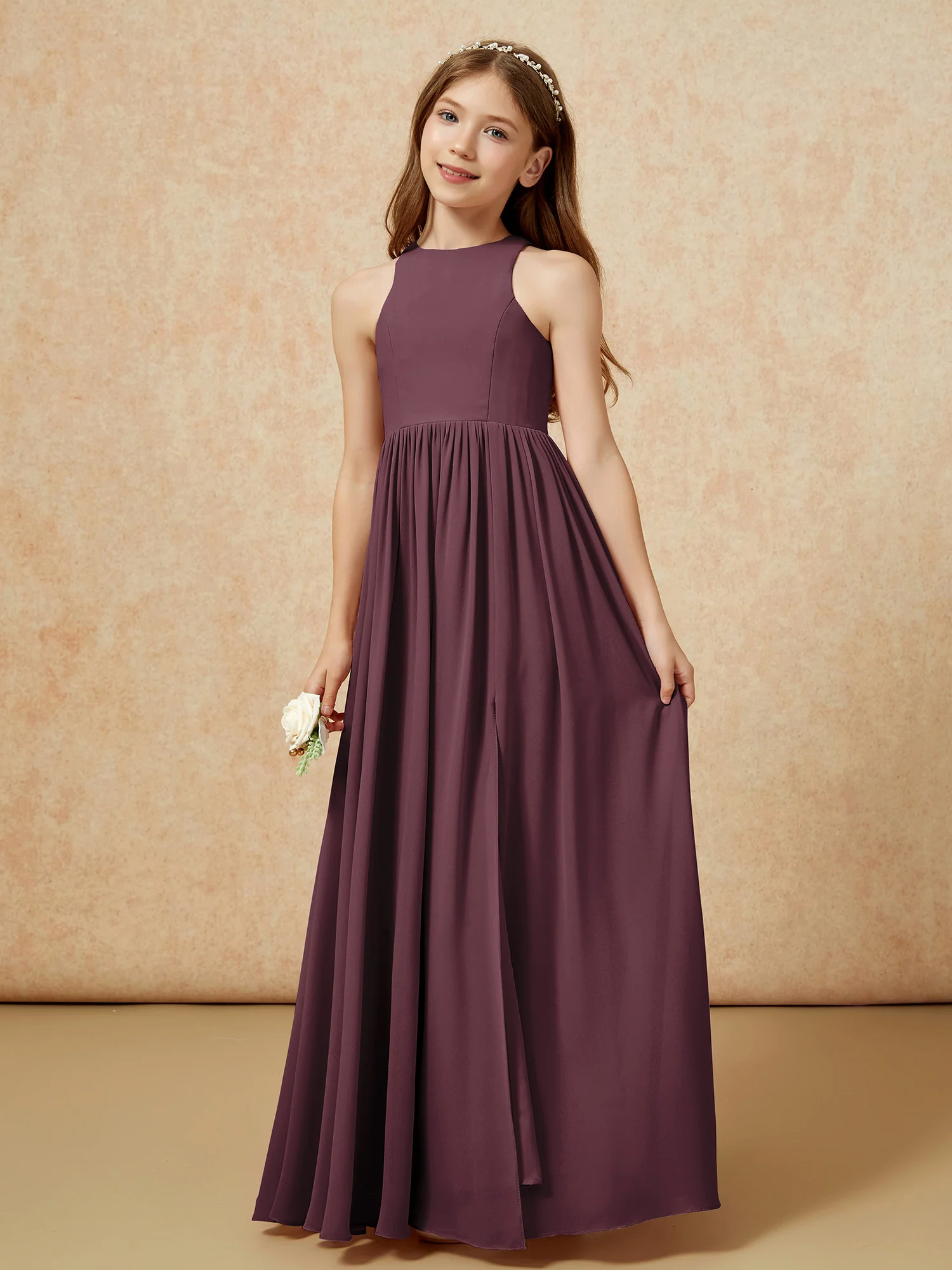 Simple sleeveless chiffon Junior Bridesmaid Dress Cabernet - Image 6