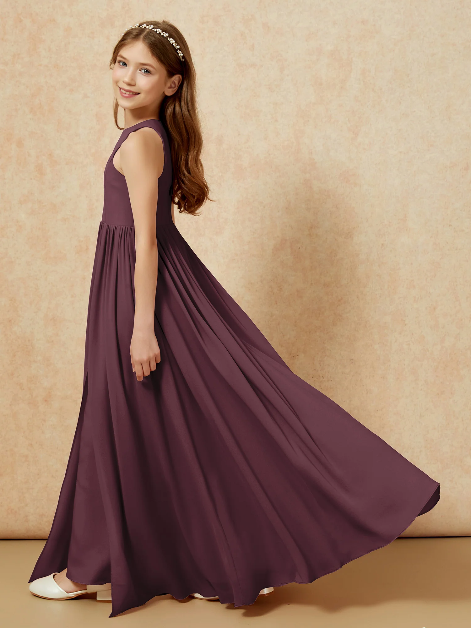 Simple sleeveless chiffon Junior Bridesmaid Dress Cabernet - Image 9