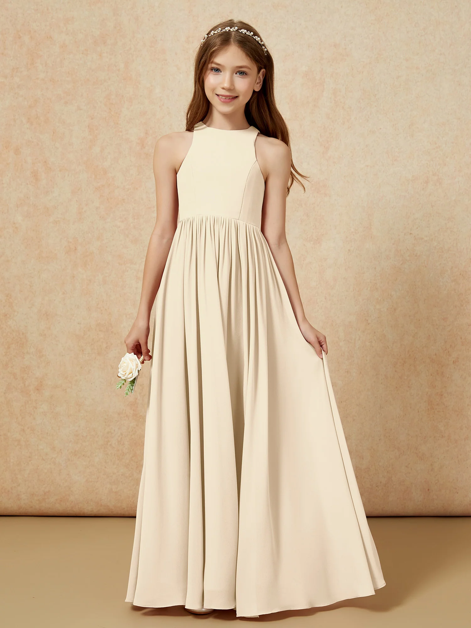 Simple sleeveless chiffon Junior Bridesmaid Dress Champagne - Image 4