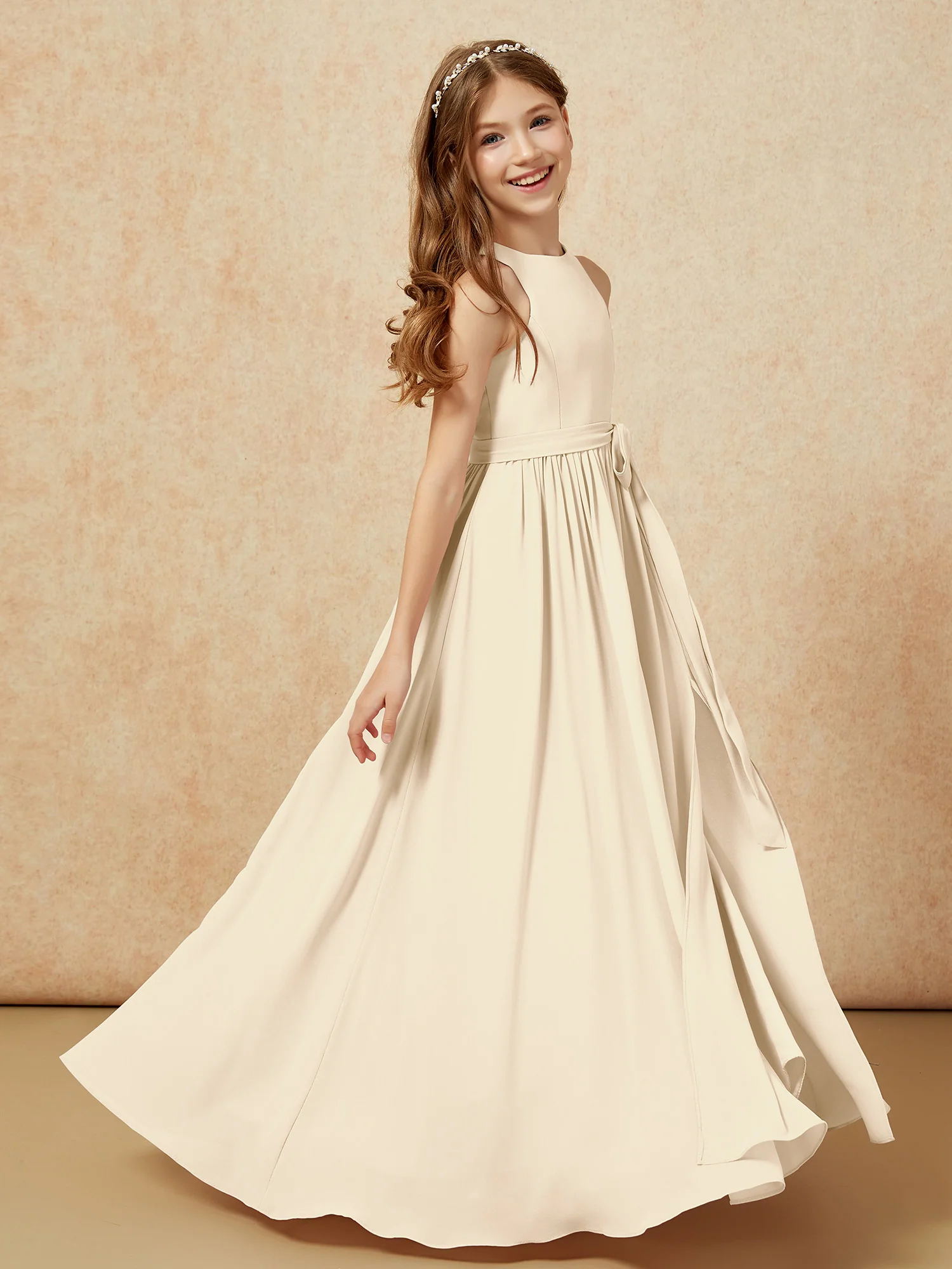 Simple sleeveless chiffon Junior Bridesmaid Dress Champagne - Image 5