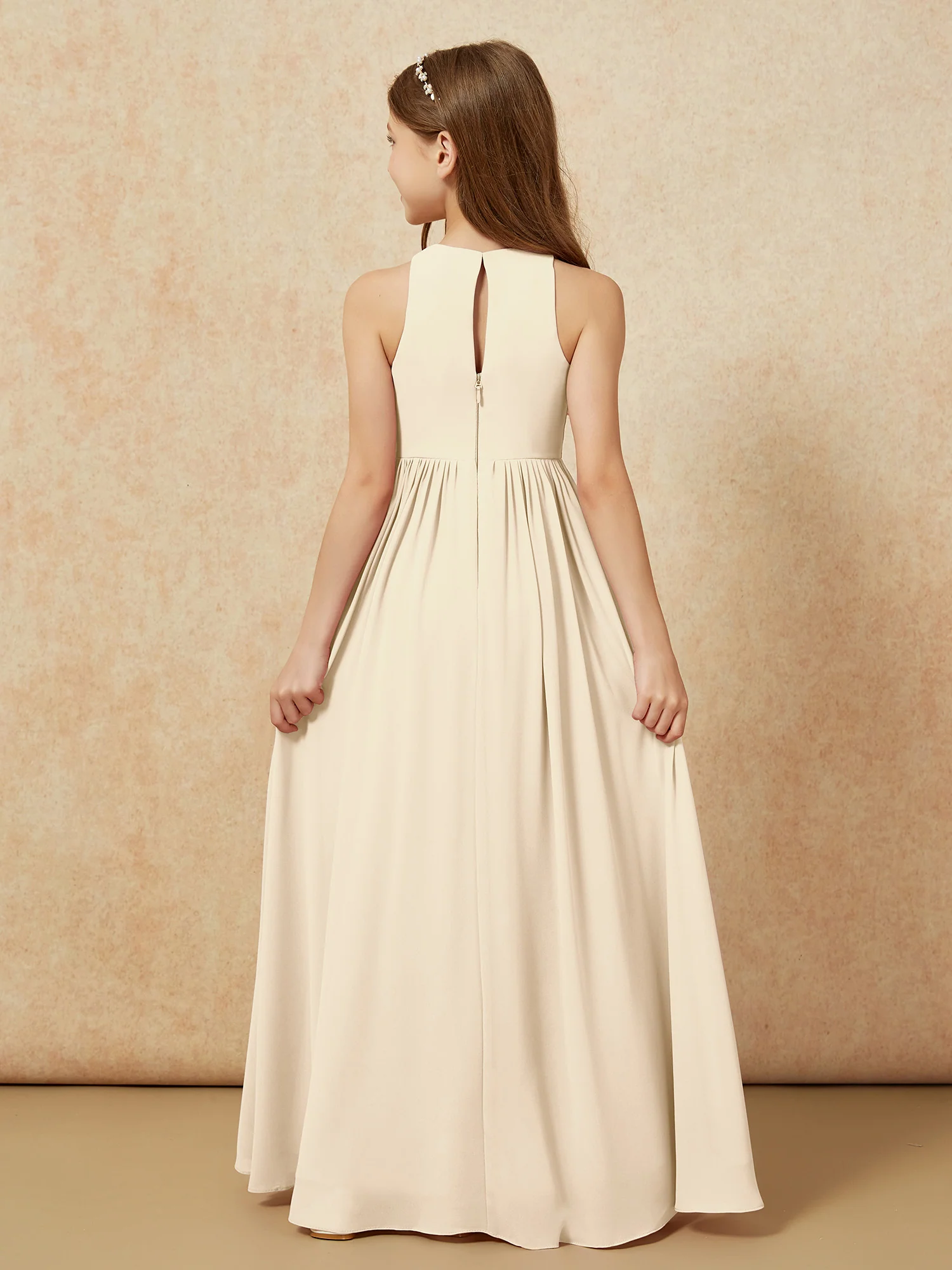 Simple sleeveless chiffon Junior Bridesmaid Dress Champagne - Image 7