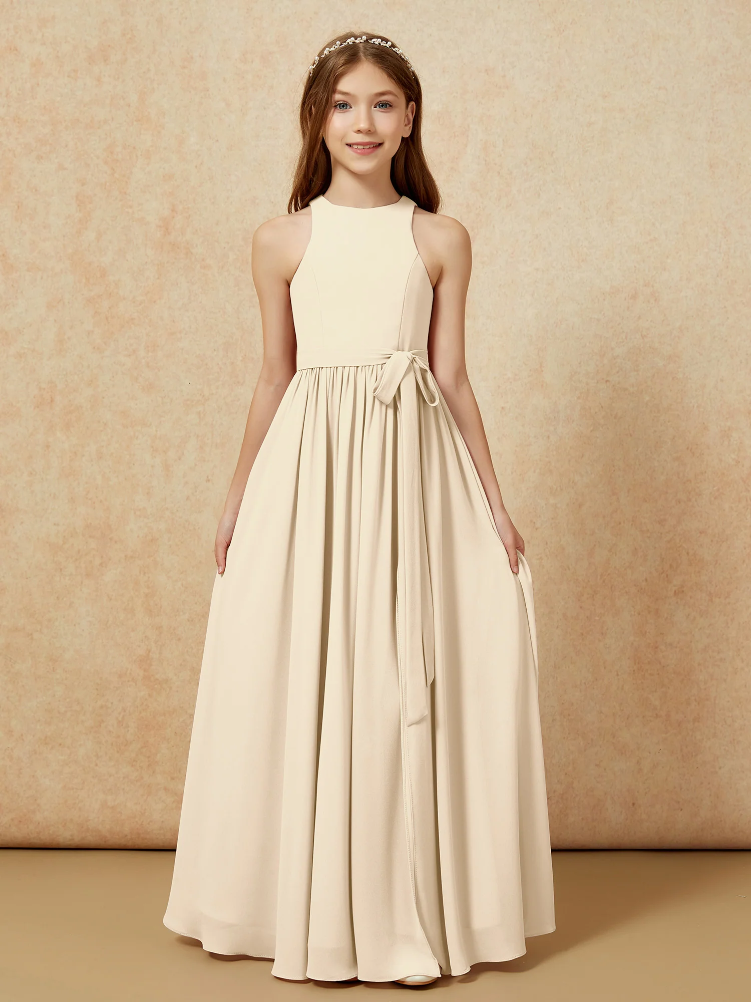 Simple sleeveless chiffon Junior Bridesmaid Dress Champagne - Image 8