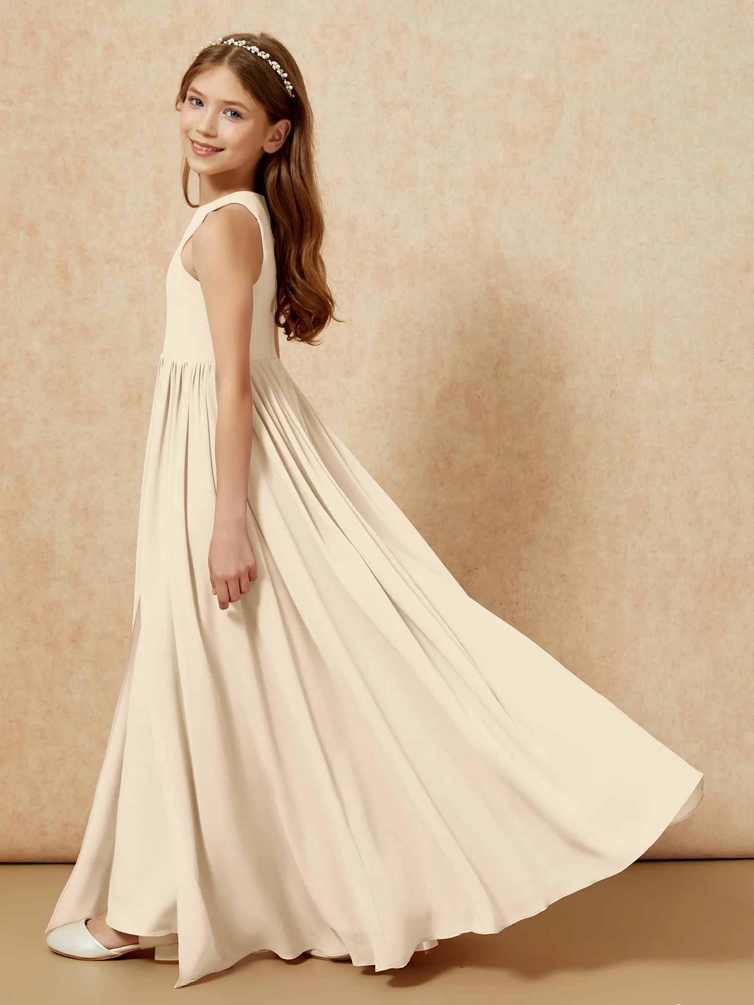 Simple sleeveless chiffon Junior Bridesmaid Dress Champagne - Image 9