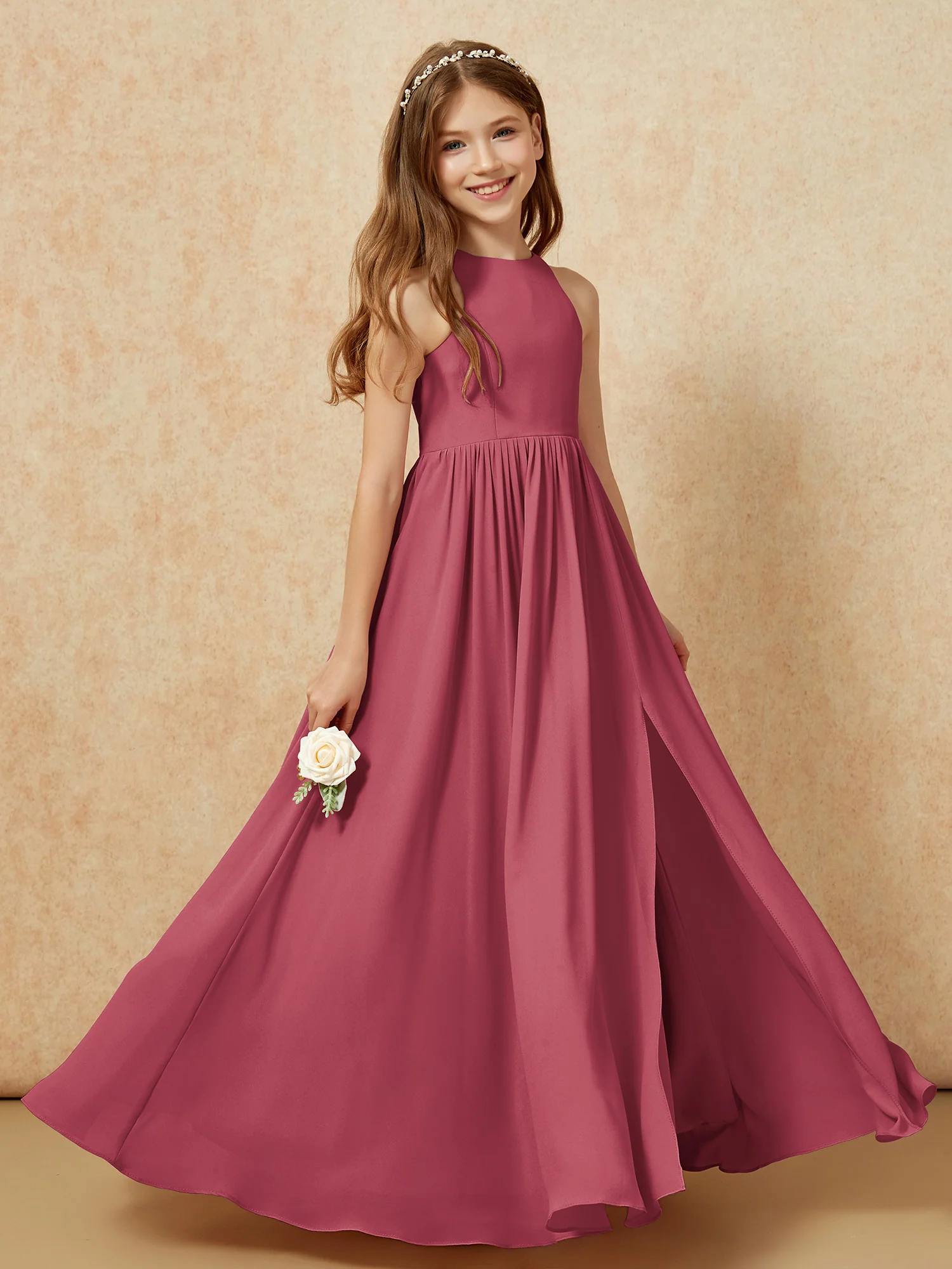Simple sleeveless chiffon Junior Bridesmaid Dress Cinnamon Rose