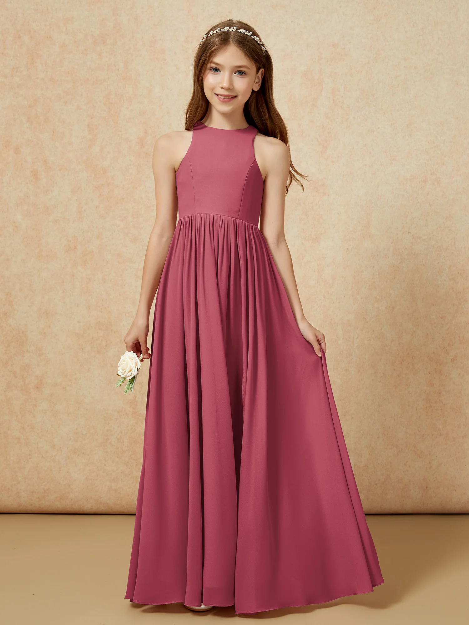 Simple sleeveless chiffon Junior Bridesmaid Dress Cinnamon Rose - Image 4