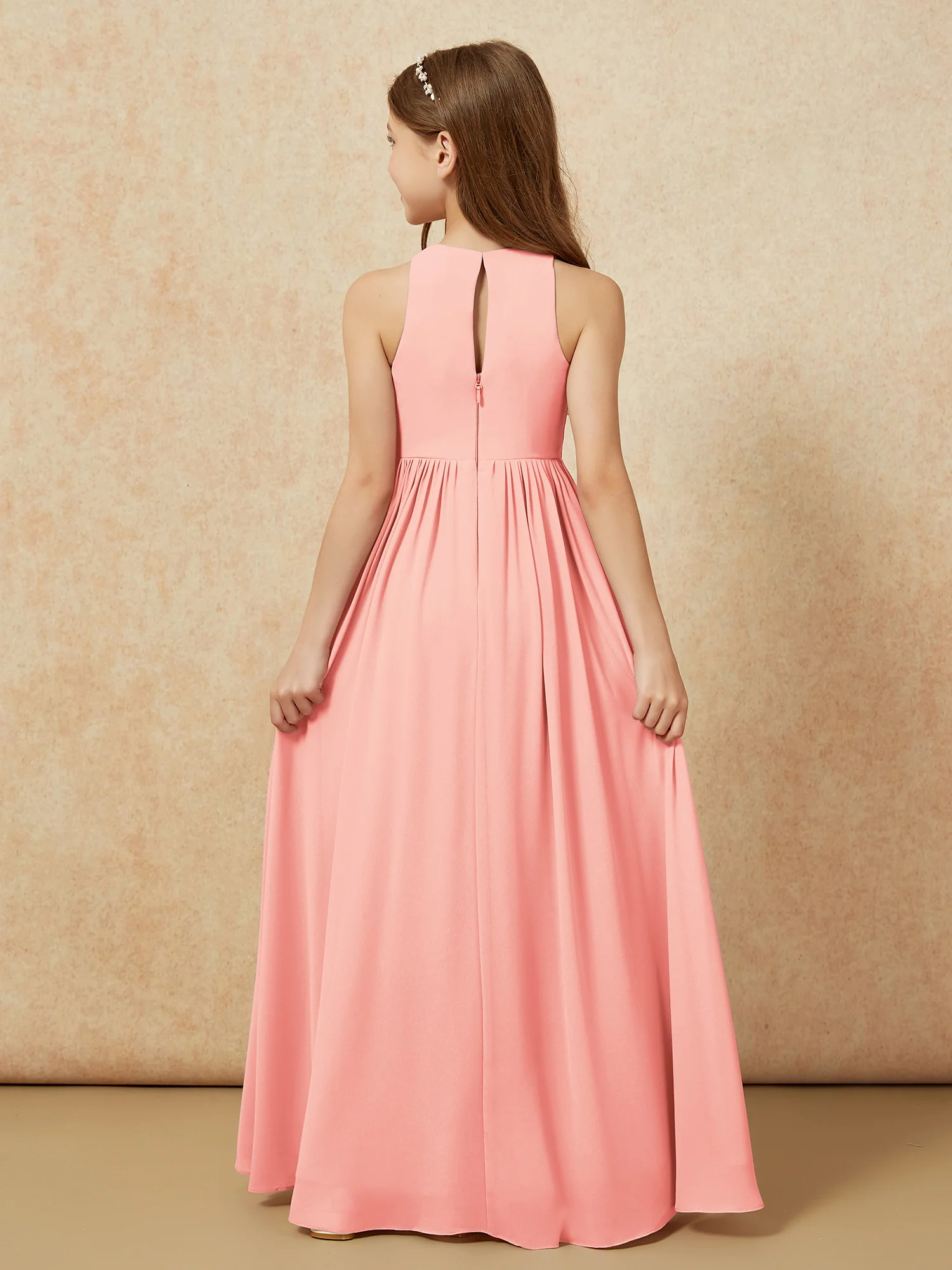Simple sleeveless chiffon Junior Bridesmaid Dress Coral - Image 7