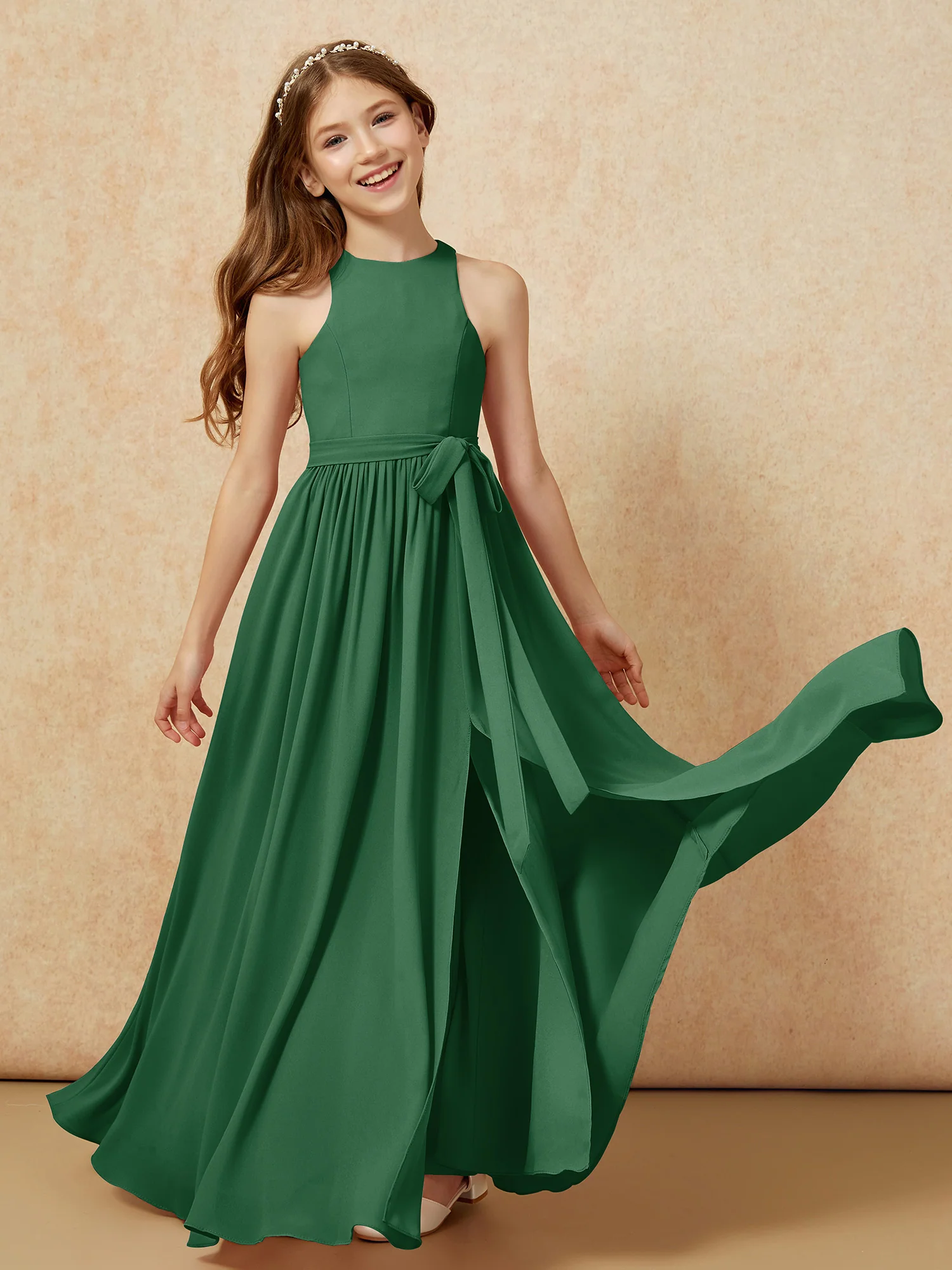 Simple sleeveless chiffon Junior Bridesmaid Dress Dark Green - Image 10