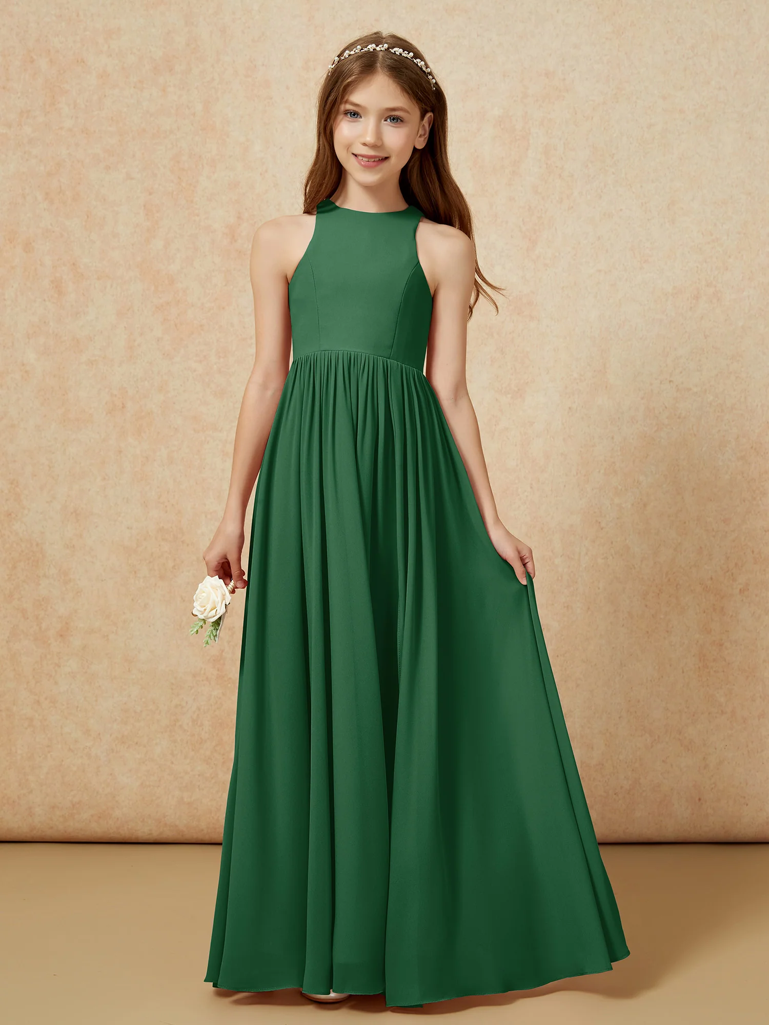 Simple sleeveless chiffon Junior Bridesmaid Dress Dark Green - Image 4