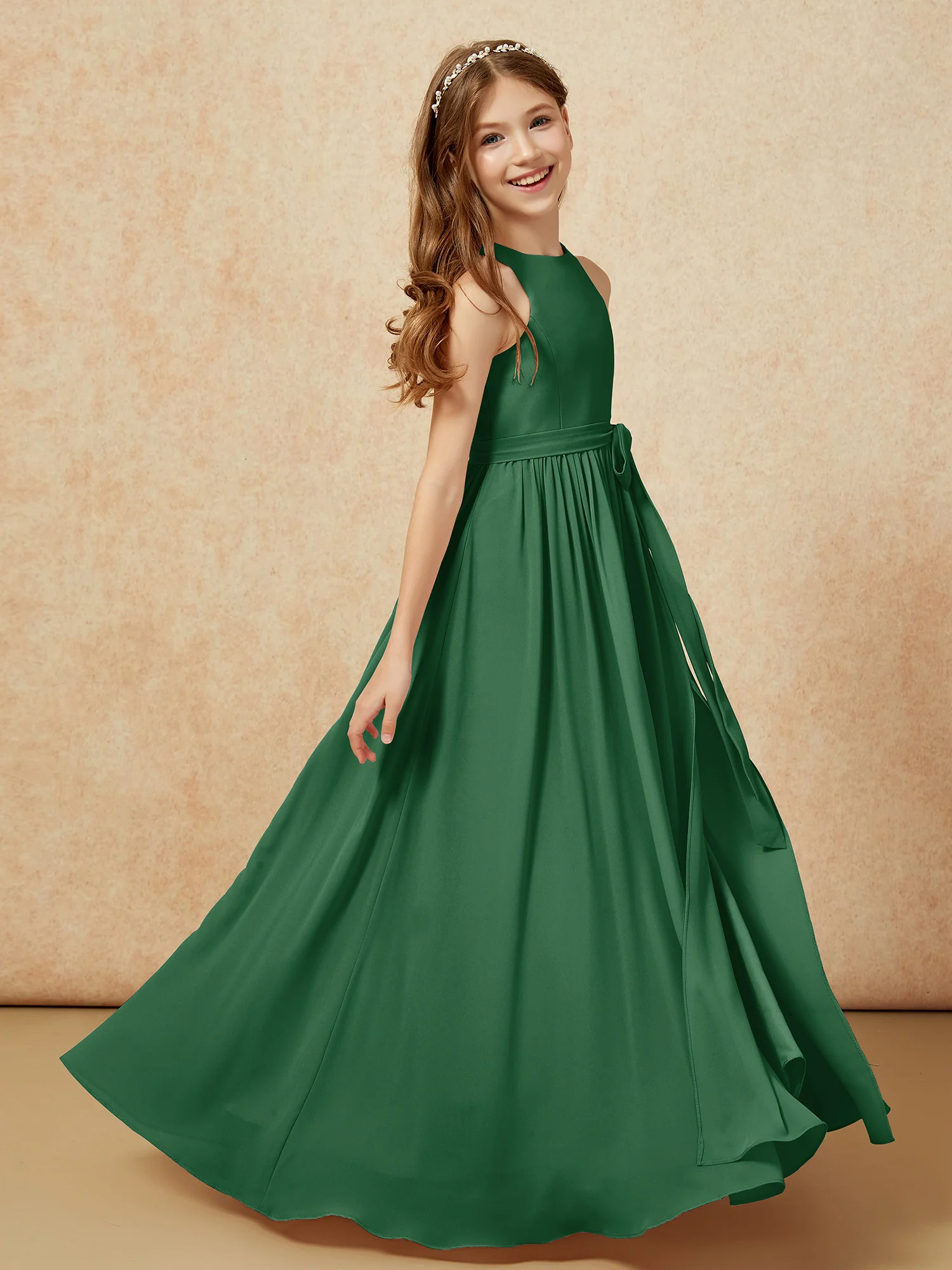 Simple sleeveless chiffon Junior Bridesmaid Dress Dark Green - Image 5