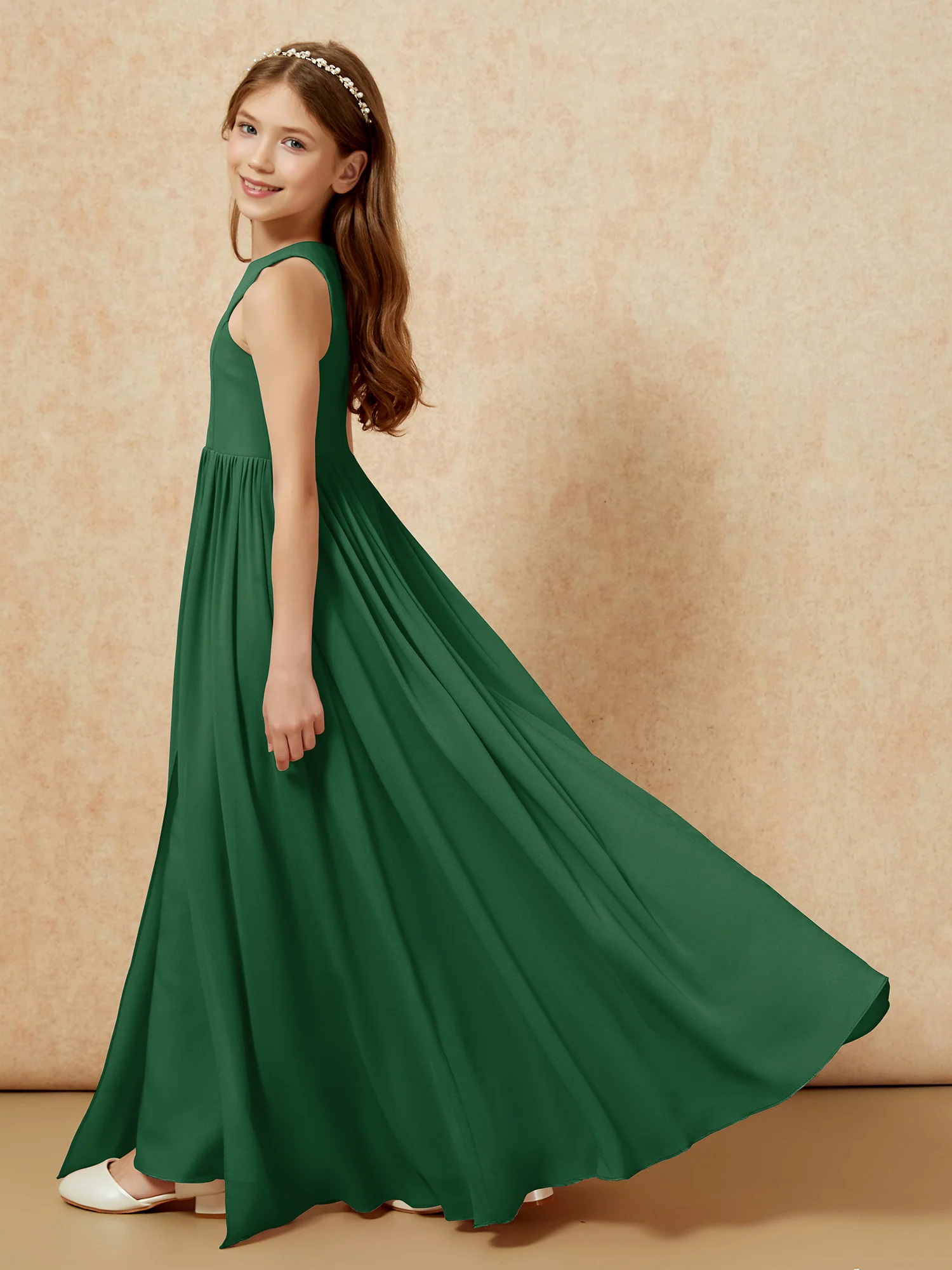 Simple sleeveless chiffon Junior Bridesmaid Dress Dark Green - Image 9