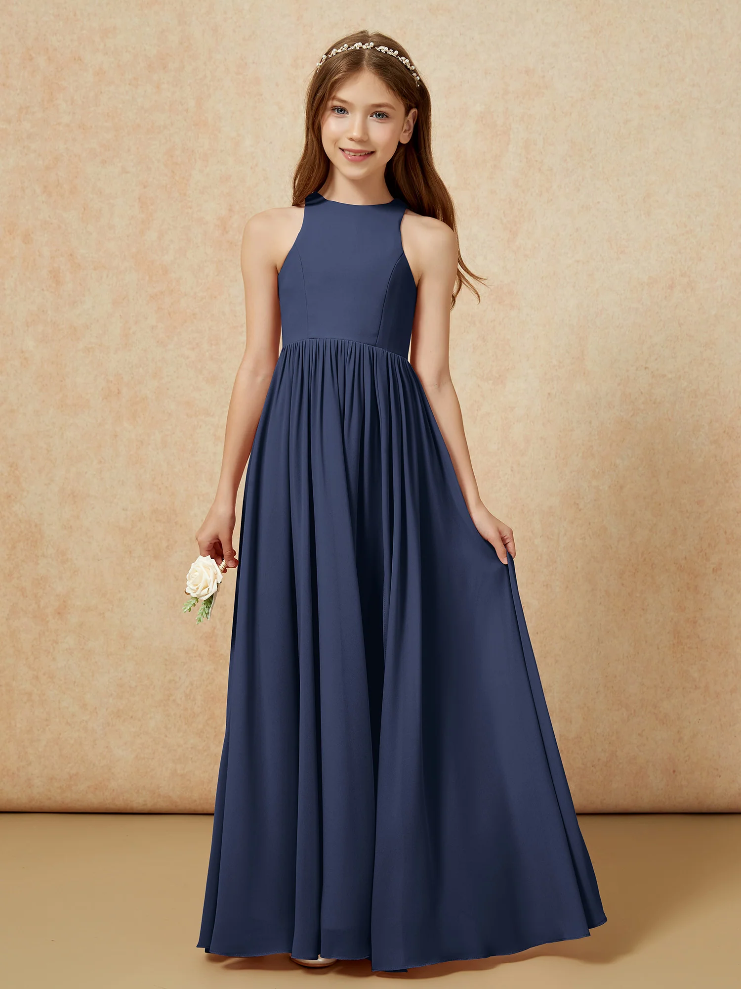 Simple sleeveless chiffon Junior Bridesmaid Dress Dark Navy - Image 4