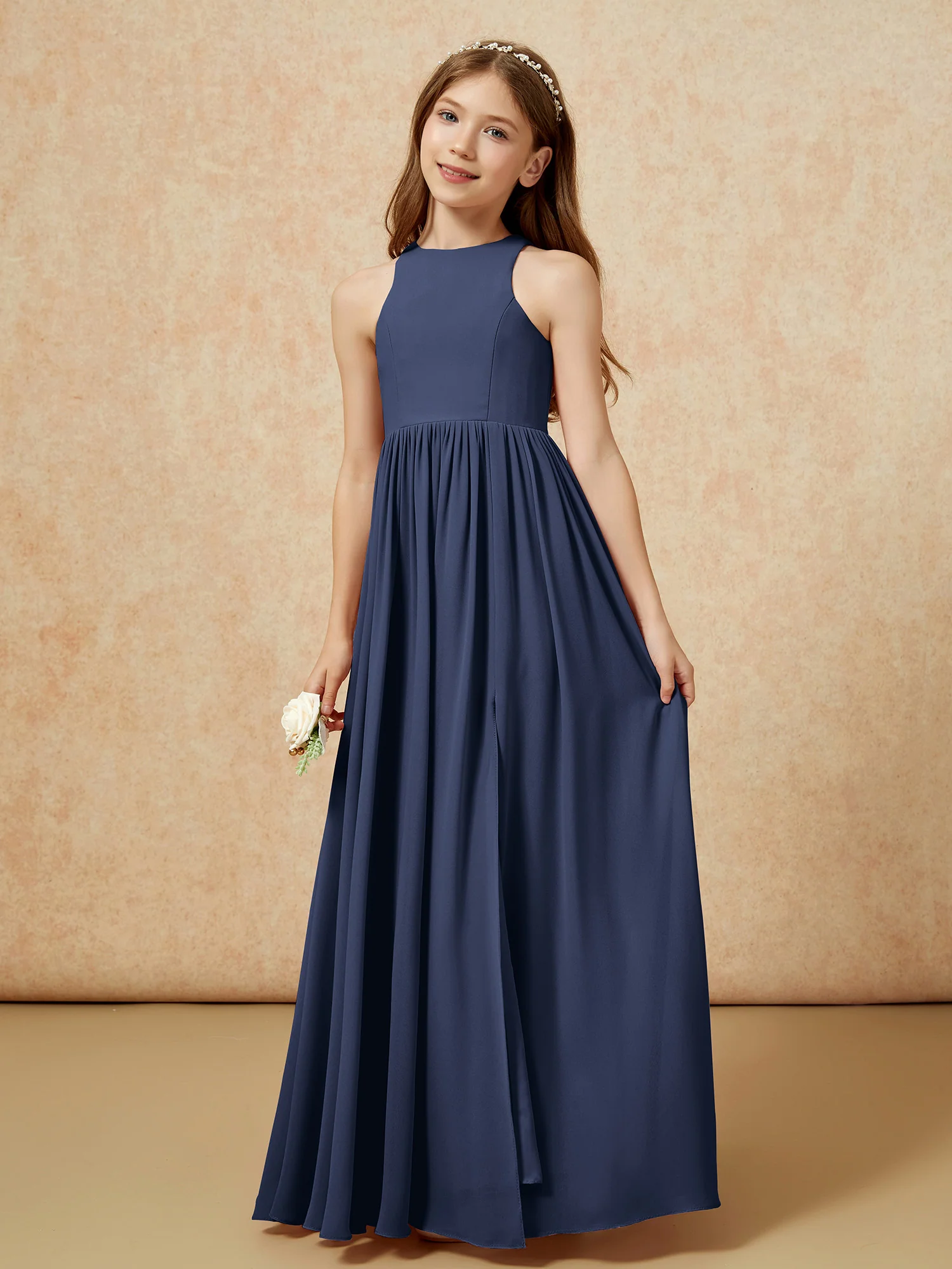 Simple sleeveless chiffon Junior Bridesmaid Dress Dark Navy - Image 6