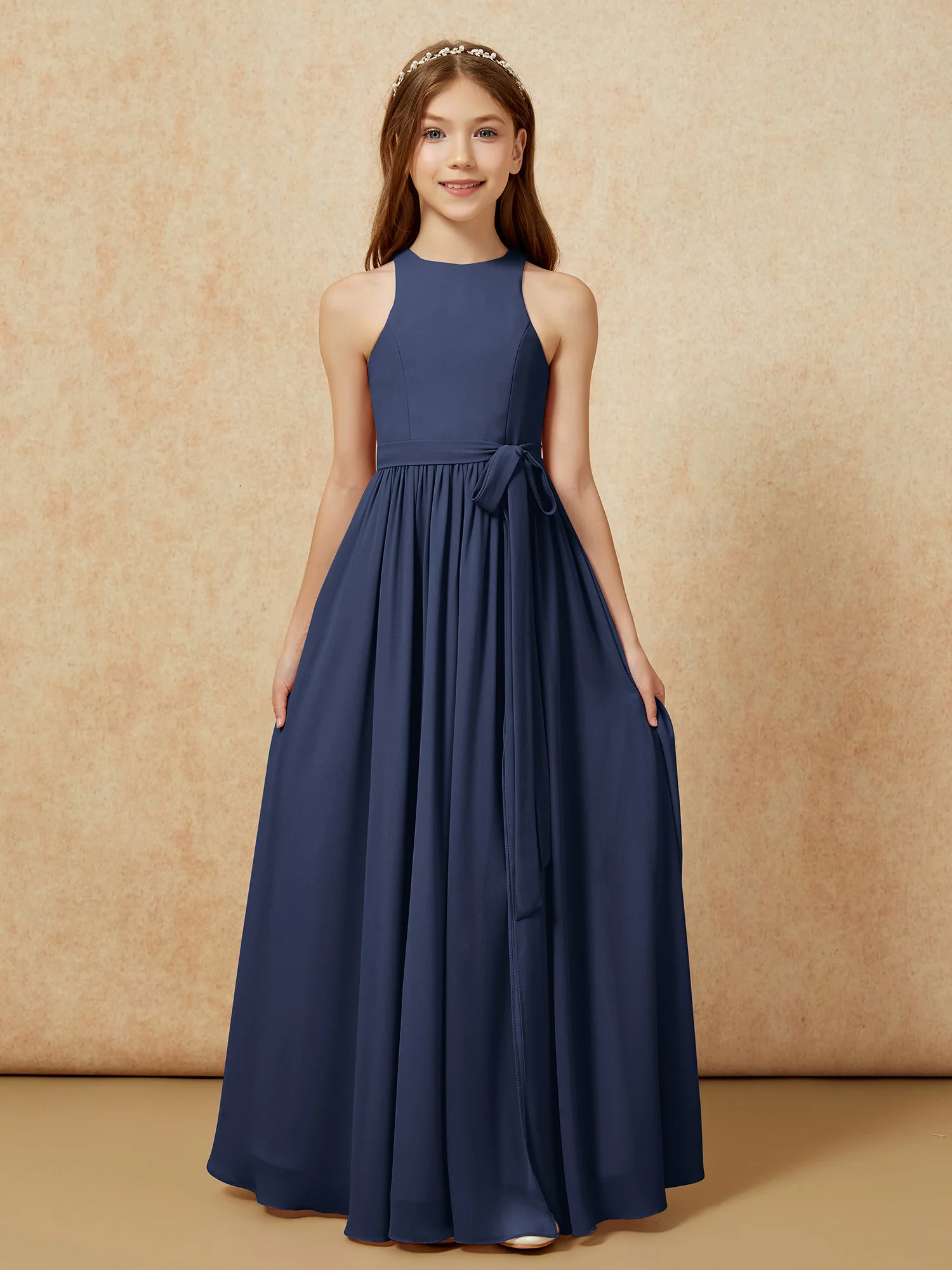 Simple sleeveless chiffon Junior Bridesmaid Dress Dark Navy - Image 8