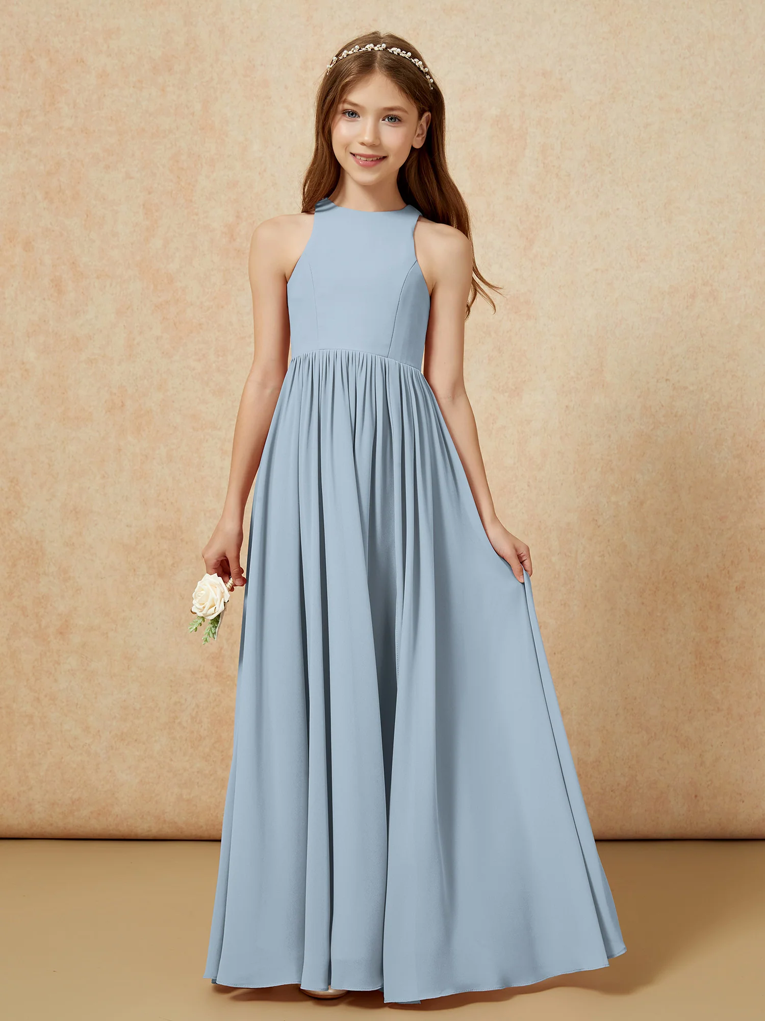 Simple sleeveless chiffon Junior Bridesmaid Dress Dusty Blue - Image 4
