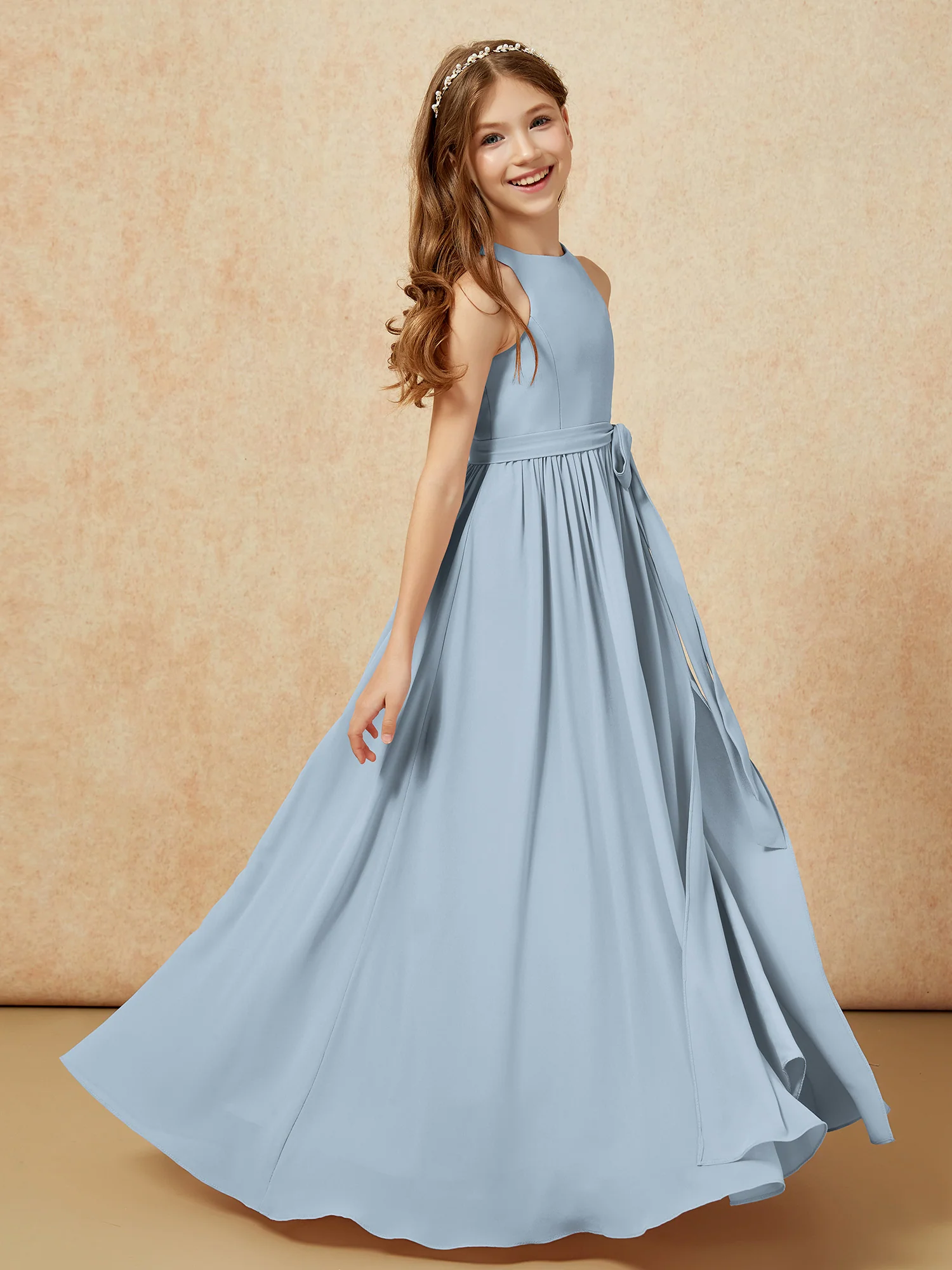 Simple sleeveless chiffon Junior Bridesmaid Dress Dusty Blue - Image 5