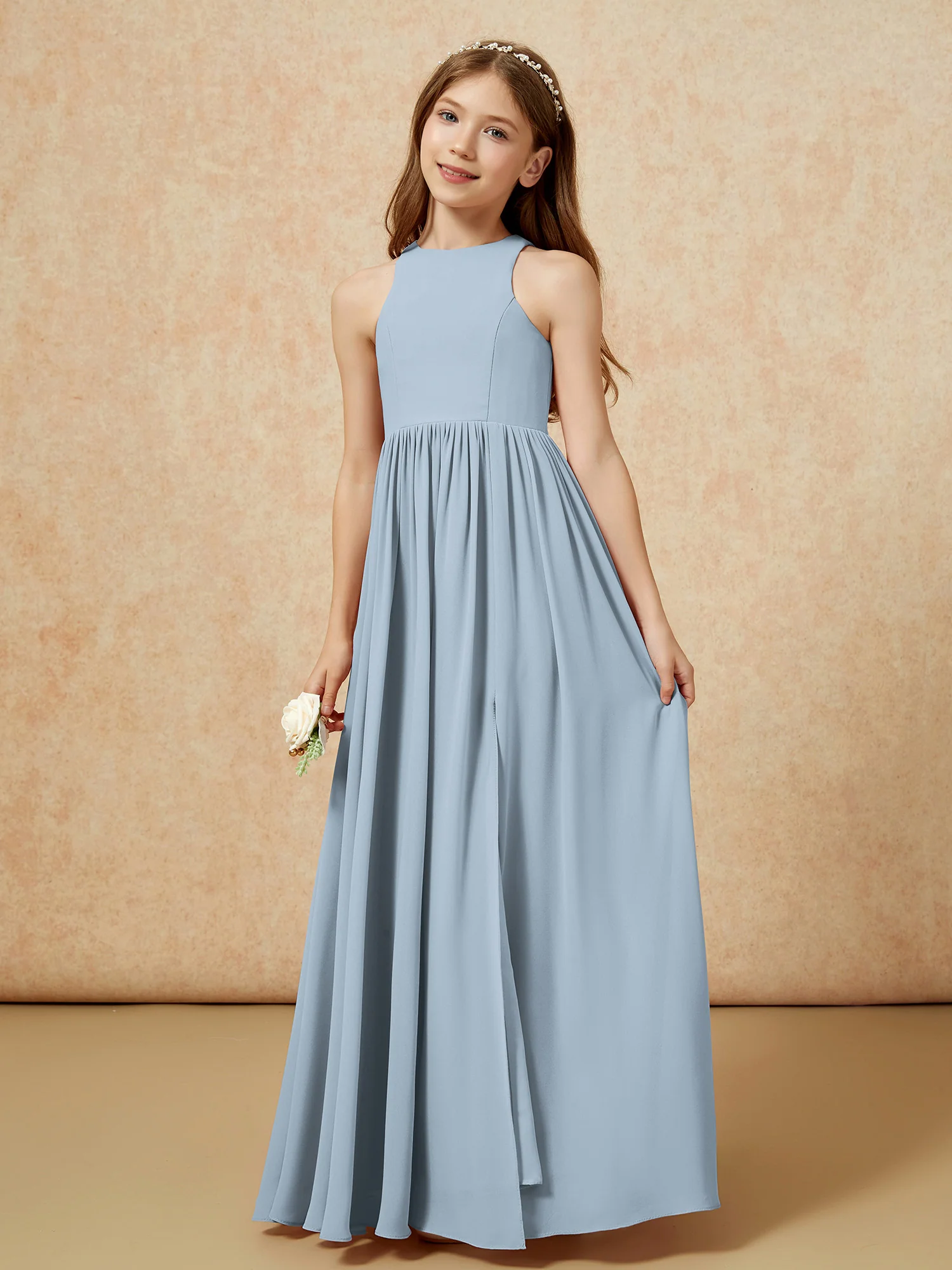 Simple sleeveless chiffon Junior Bridesmaid Dress Dusty Blue - Image 6