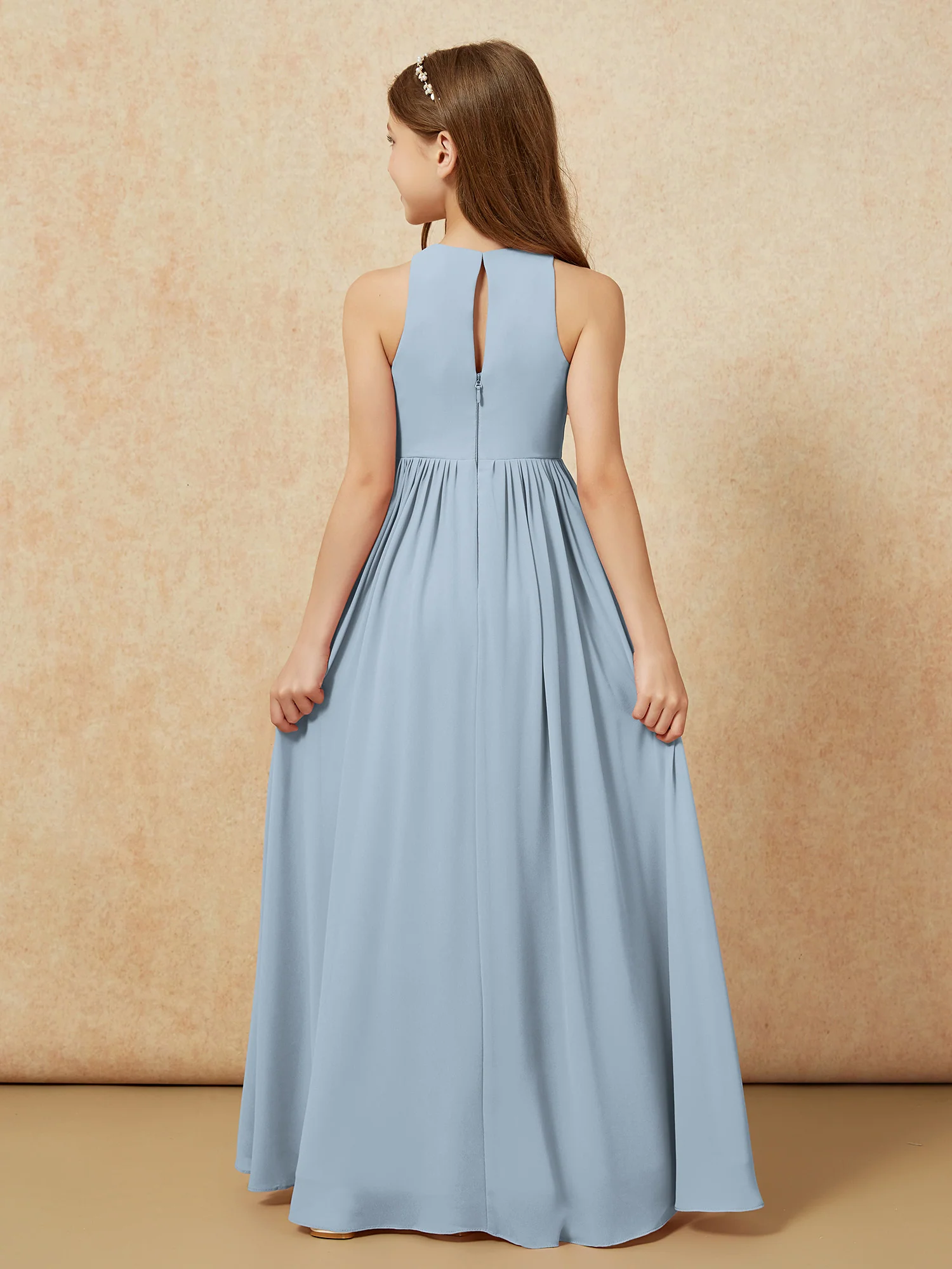 Simple sleeveless chiffon Junior Bridesmaid Dress Dusty Blue - Image 7