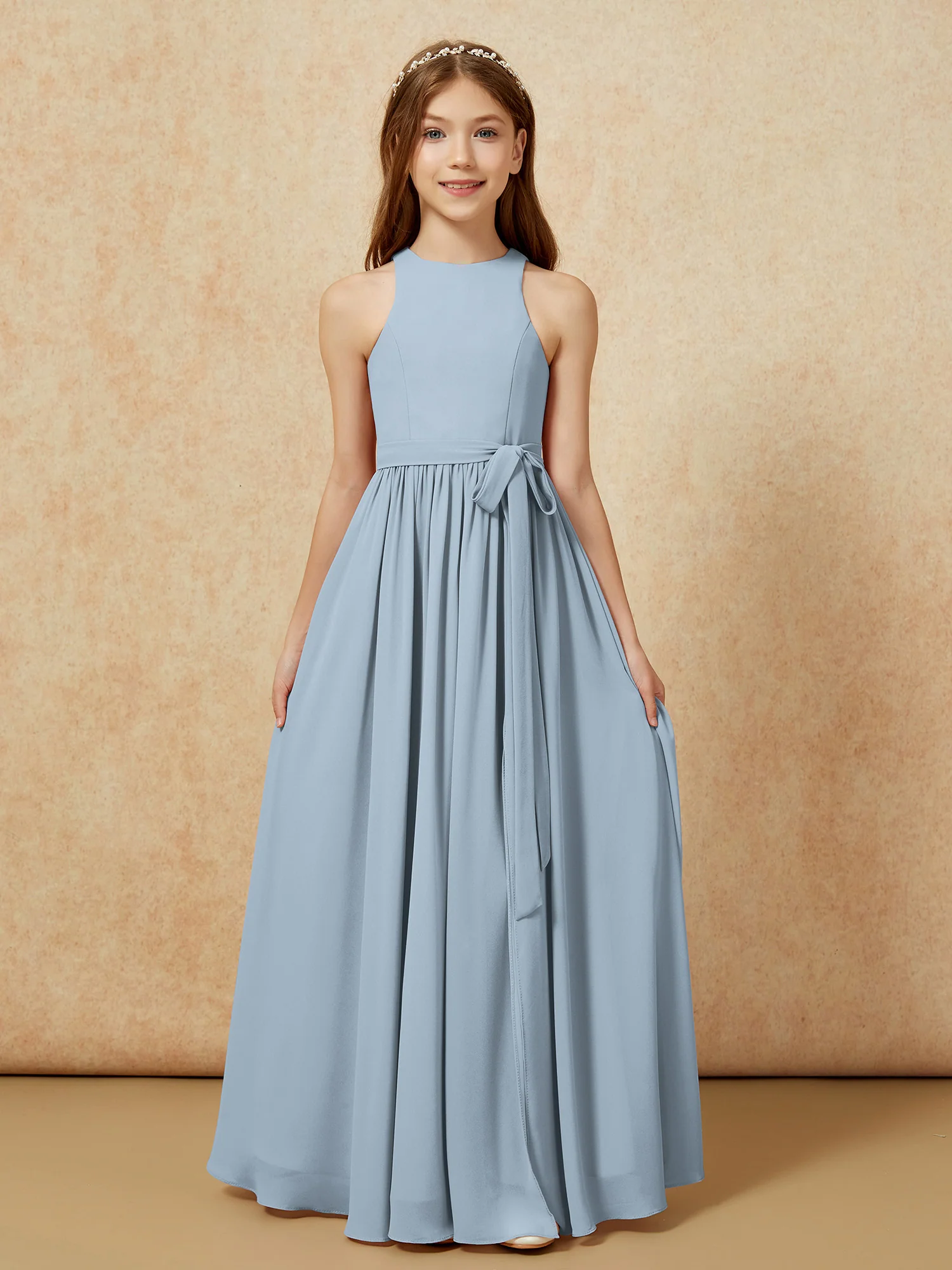 Simple sleeveless chiffon Junior Bridesmaid Dress Dusty Blue - Image 8