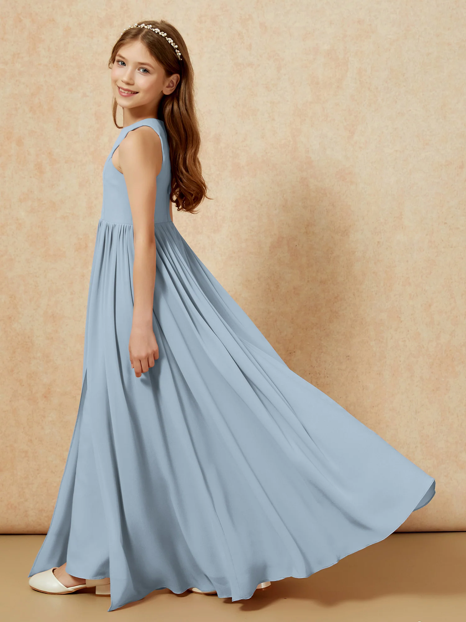 Simple sleeveless chiffon Junior Bridesmaid Dress Dusty Blue - Image 9