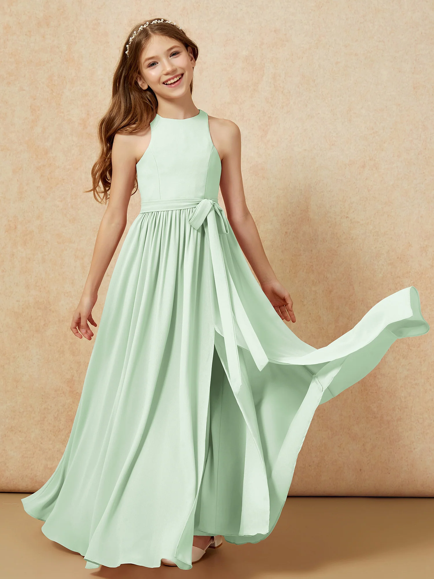 Simple sleeveless chiffon Junior Bridesmaid Dress Dusty Sage - Image 10