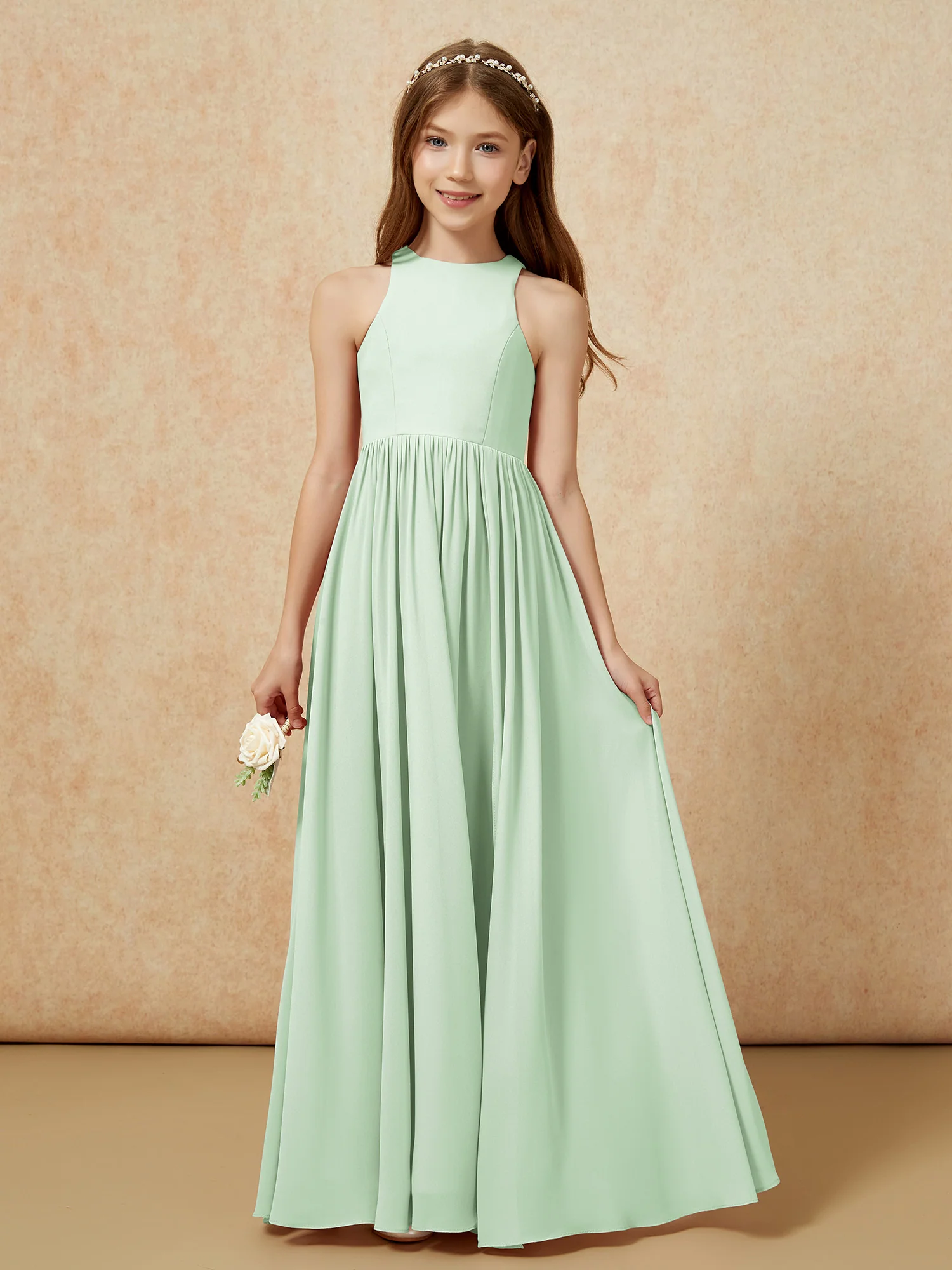 Simple sleeveless chiffon Junior Bridesmaid Dress Dusty Sage - Image 4