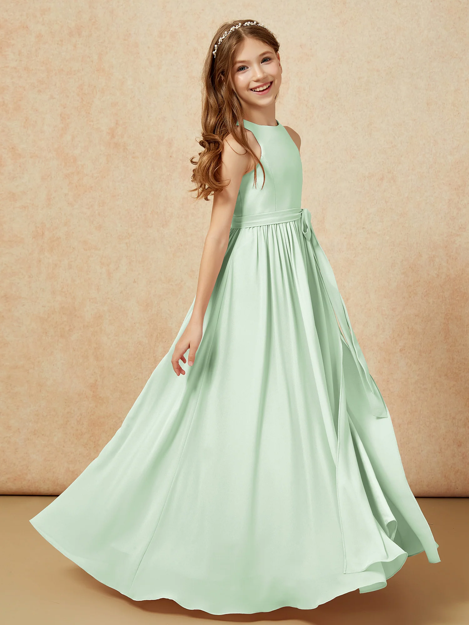 Simple sleeveless chiffon Junior Bridesmaid Dress Dusty Sage - Image 5