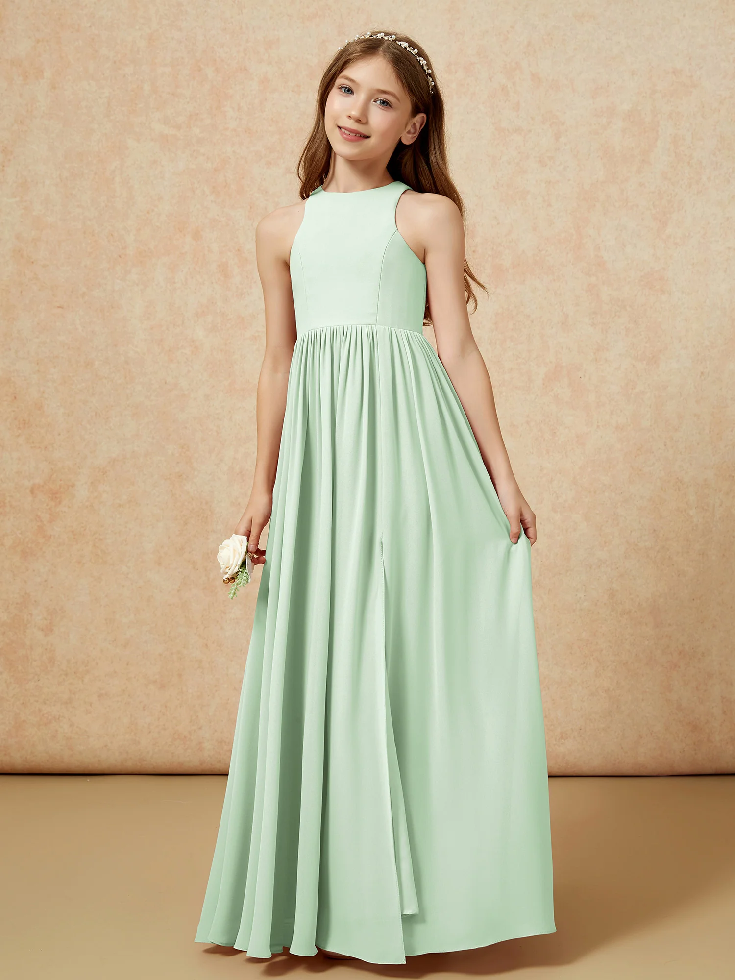 Simple sleeveless chiffon Junior Bridesmaid Dress Dusty Sage - Image 6